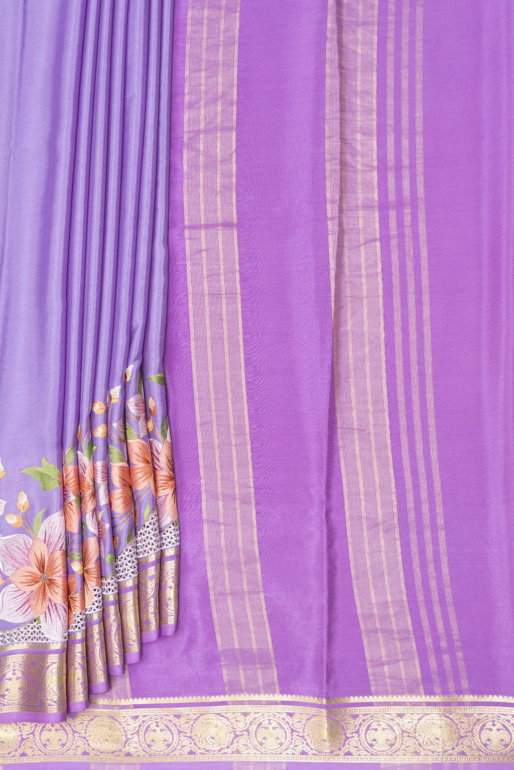 Pleats and pallu of Lavender Dual Tone Mysore Silk Saree with Plain Body and Fancy Border. 