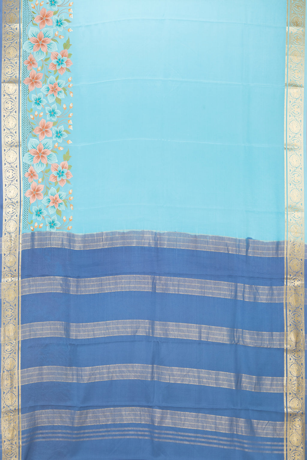 Flat view of Sky Blue Mysore Silk Saree with Plain Body and Embroidery Border. 