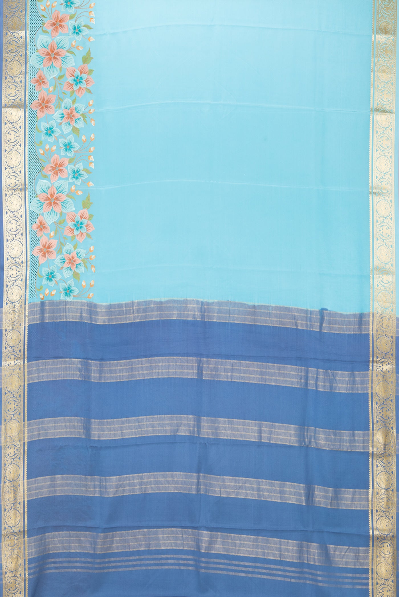Flat view of Sky Blue Mysore Silk Saree with Plain Body and Embroidery Border. 