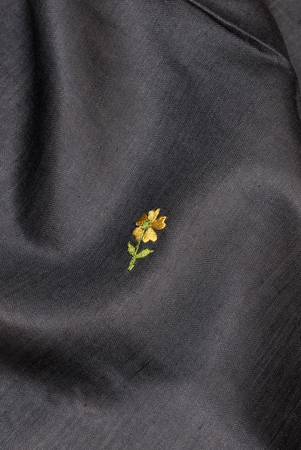Close up of Black Tussar Saree with Embroidered on the body and Embroidered Border.  displaying folds