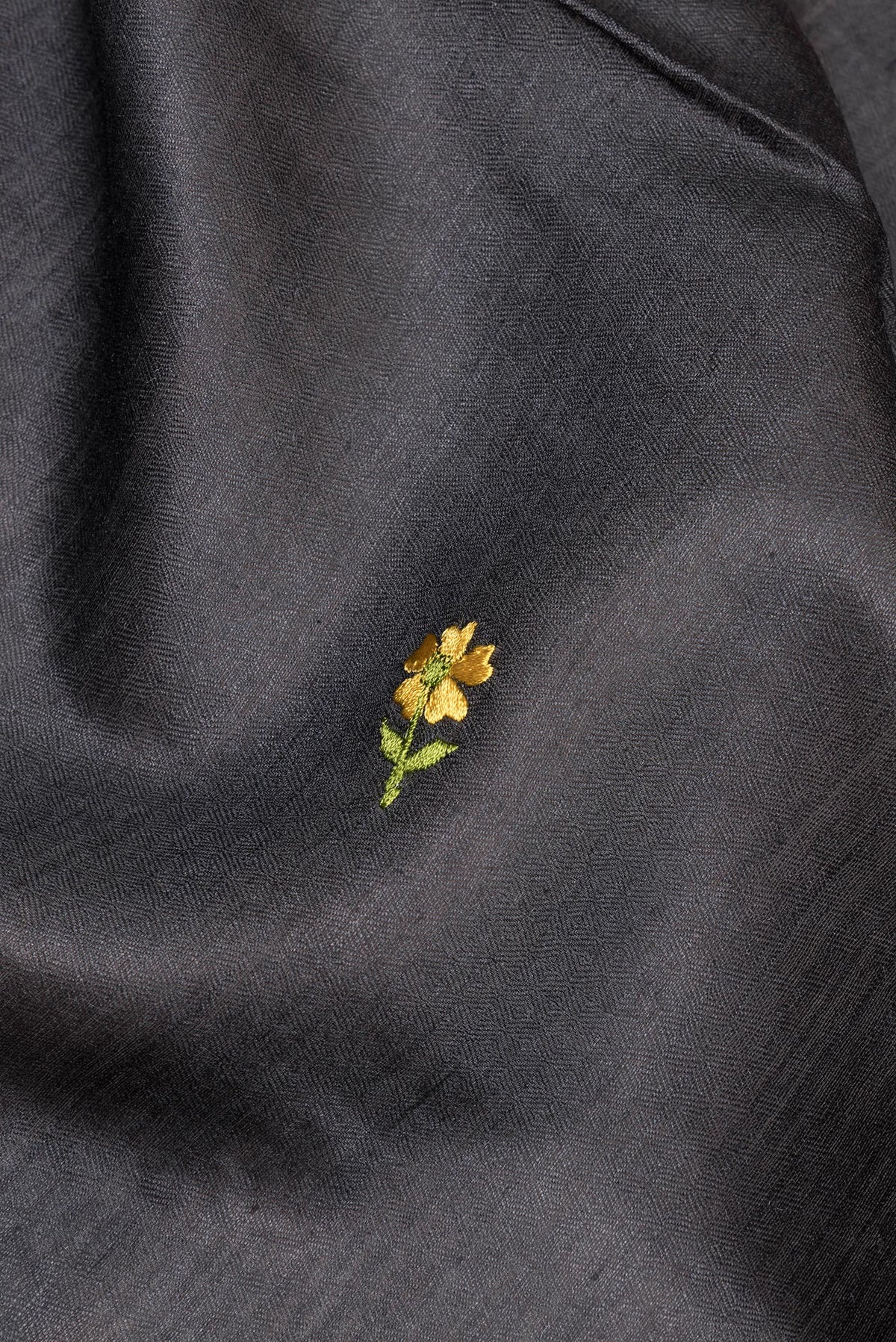 Close up of Black Tussar Saree with Embroidered on the body and Embroidered Border.  displaying folds
