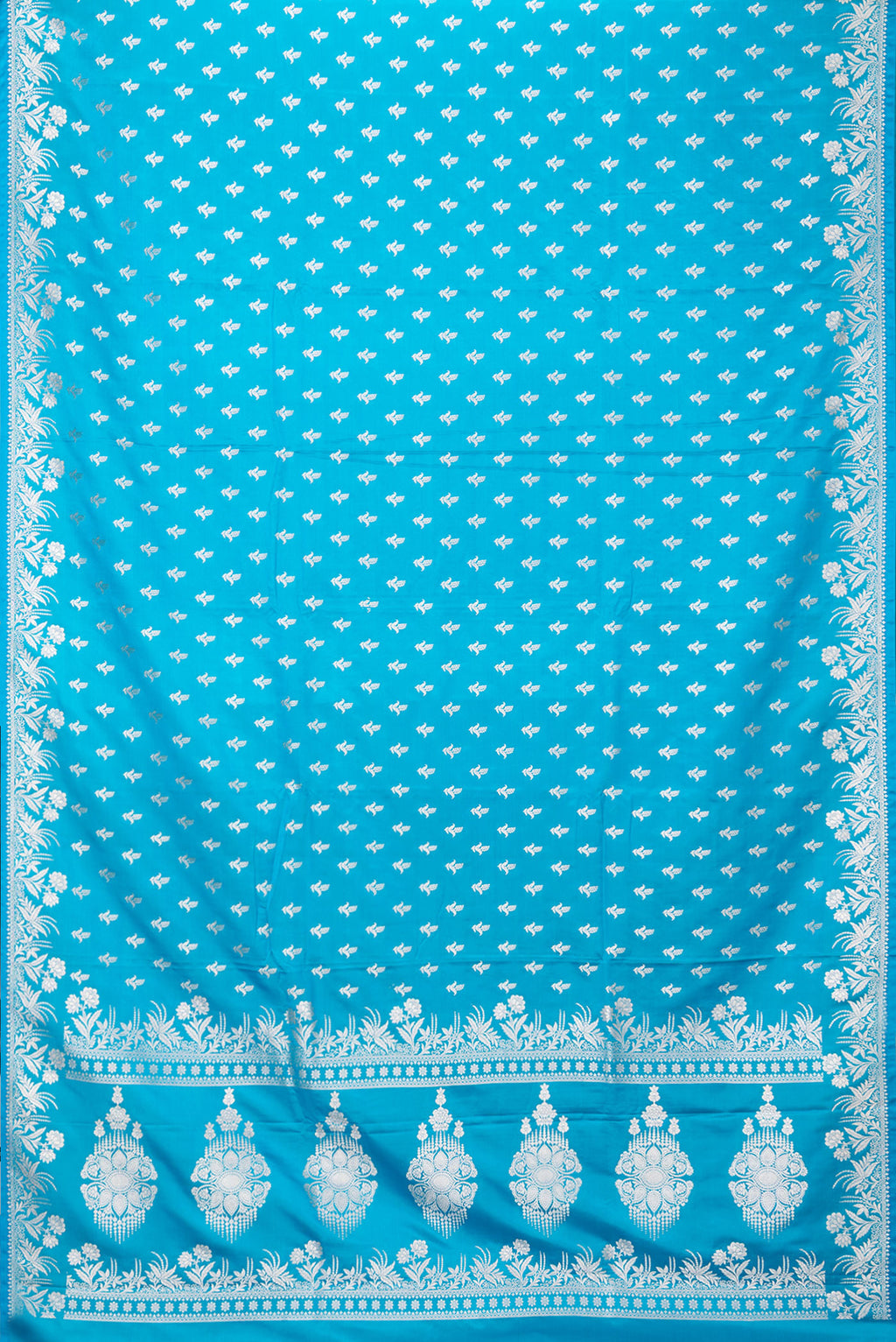 Flat view of Sky Blue Blended Banarasi Silk Saree with Zari Butta on the body and Zari Border. 