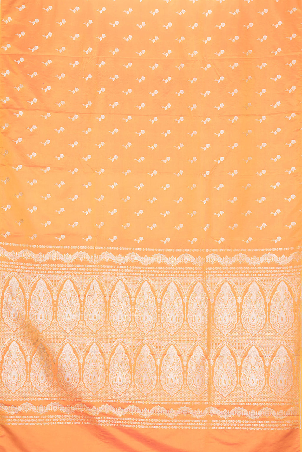 Flat view of Orange Dual Tone Blended Banarasi Silk Saree with Zari Butta on the body and Zari Border. 