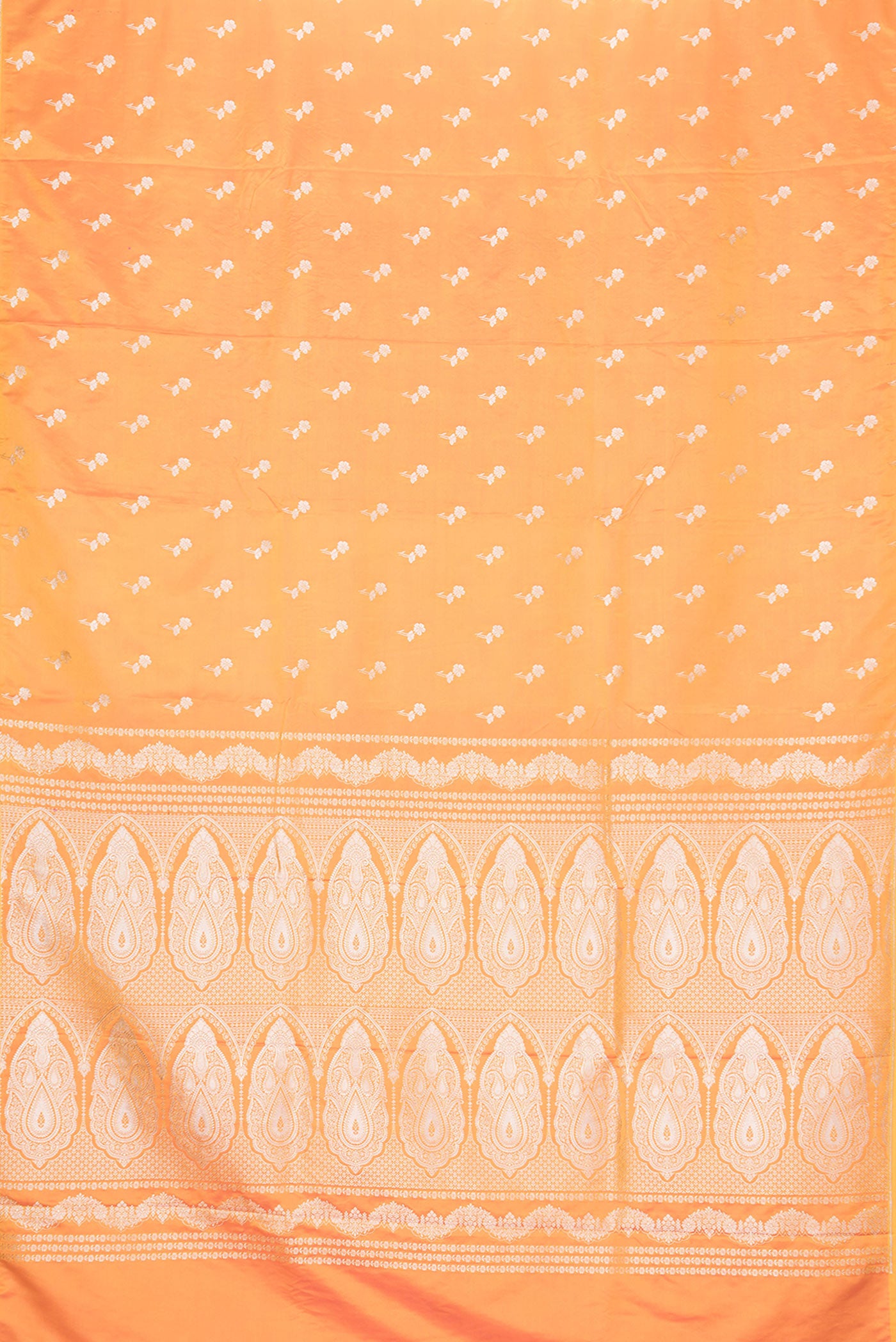 Flat view of Orange Dual Tone Blended Banarasi Silk Saree with Zari Butta on the body and Zari Border. 