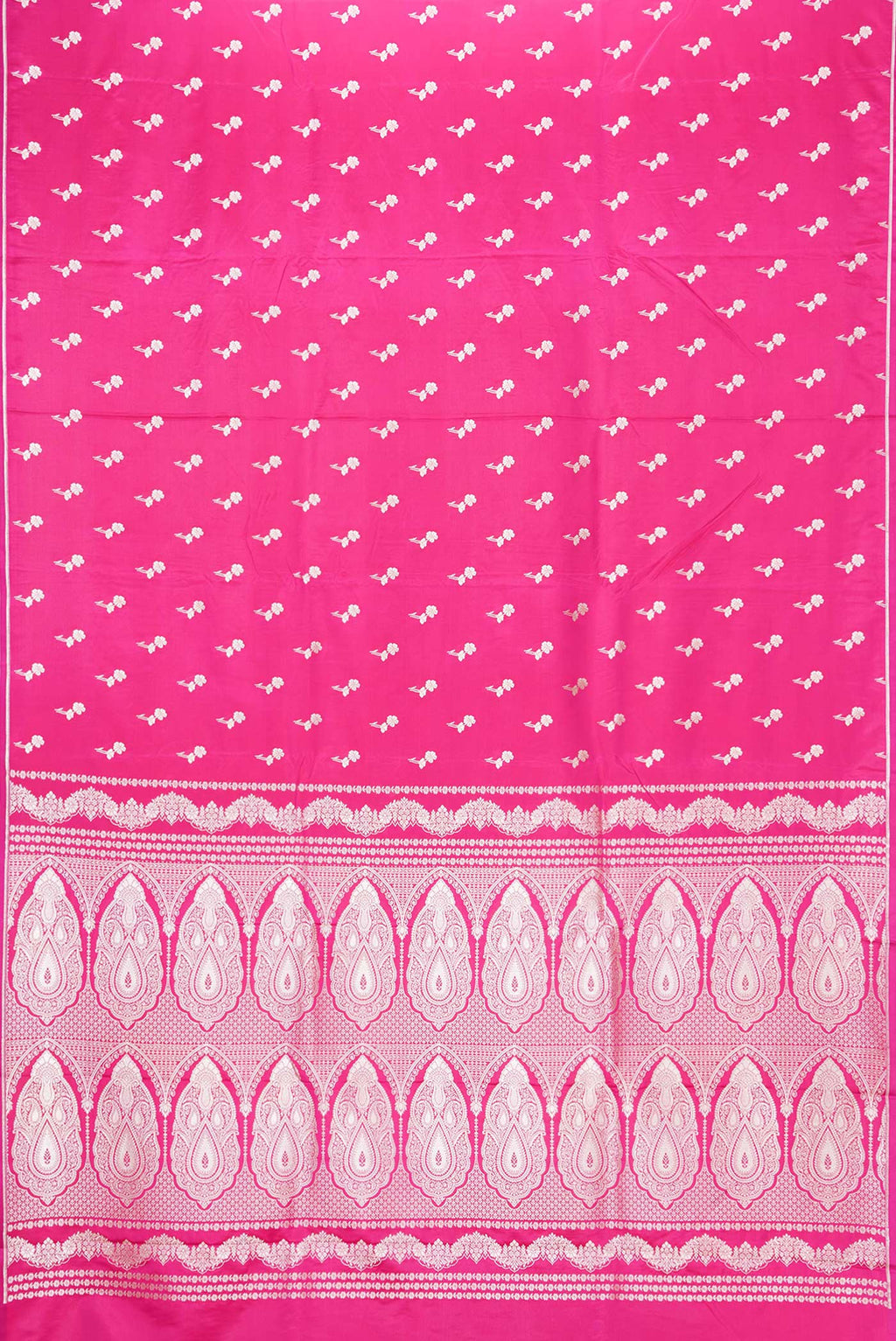 Flat view of Pink Dual Tone Blended Banarasi Silk Saree with Zari Butta on the body and Zari Border. 
