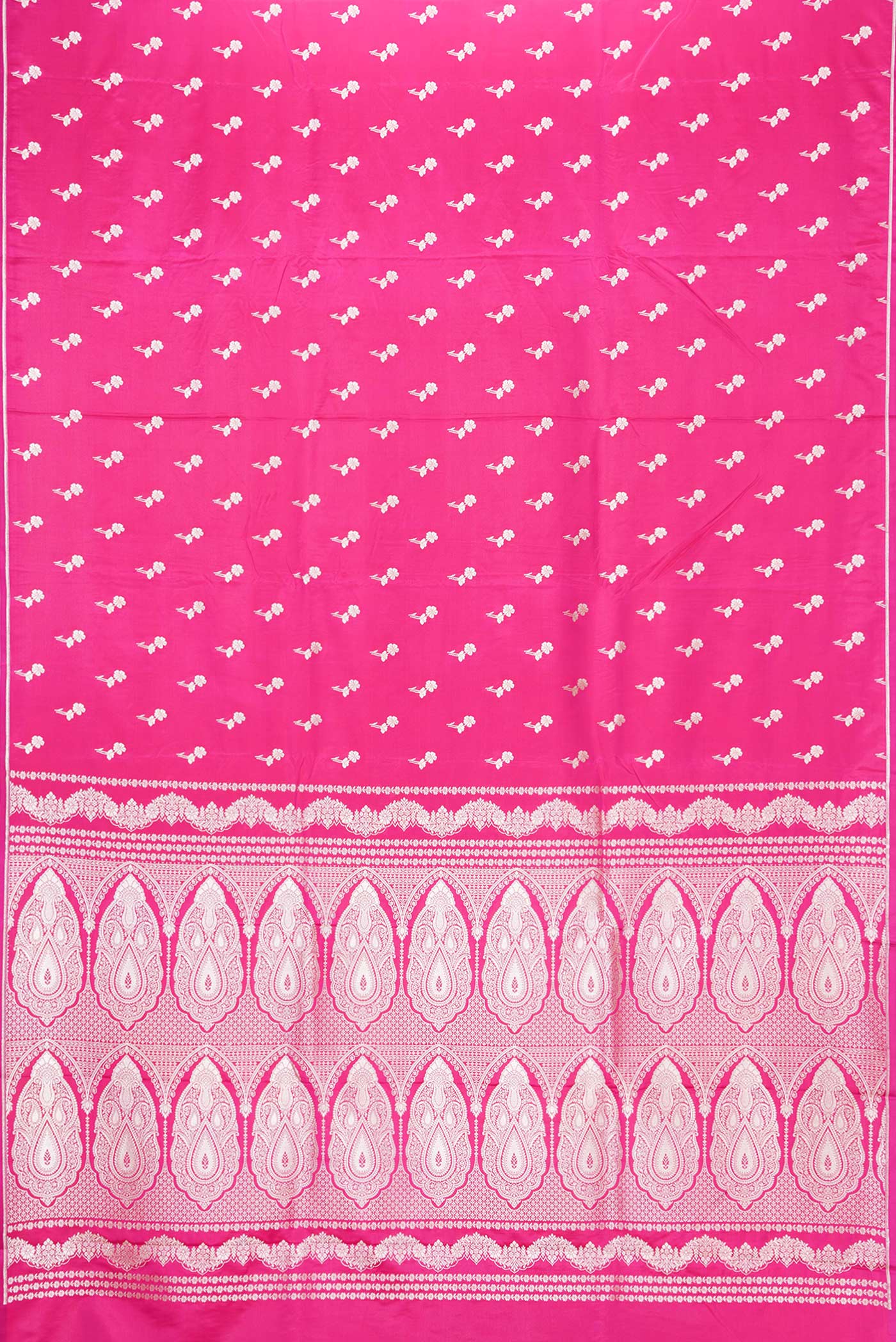 Flat view of Pink Dual Tone Blended Banarasi Silk Saree with Zari Butta on the body and Zari Border. 