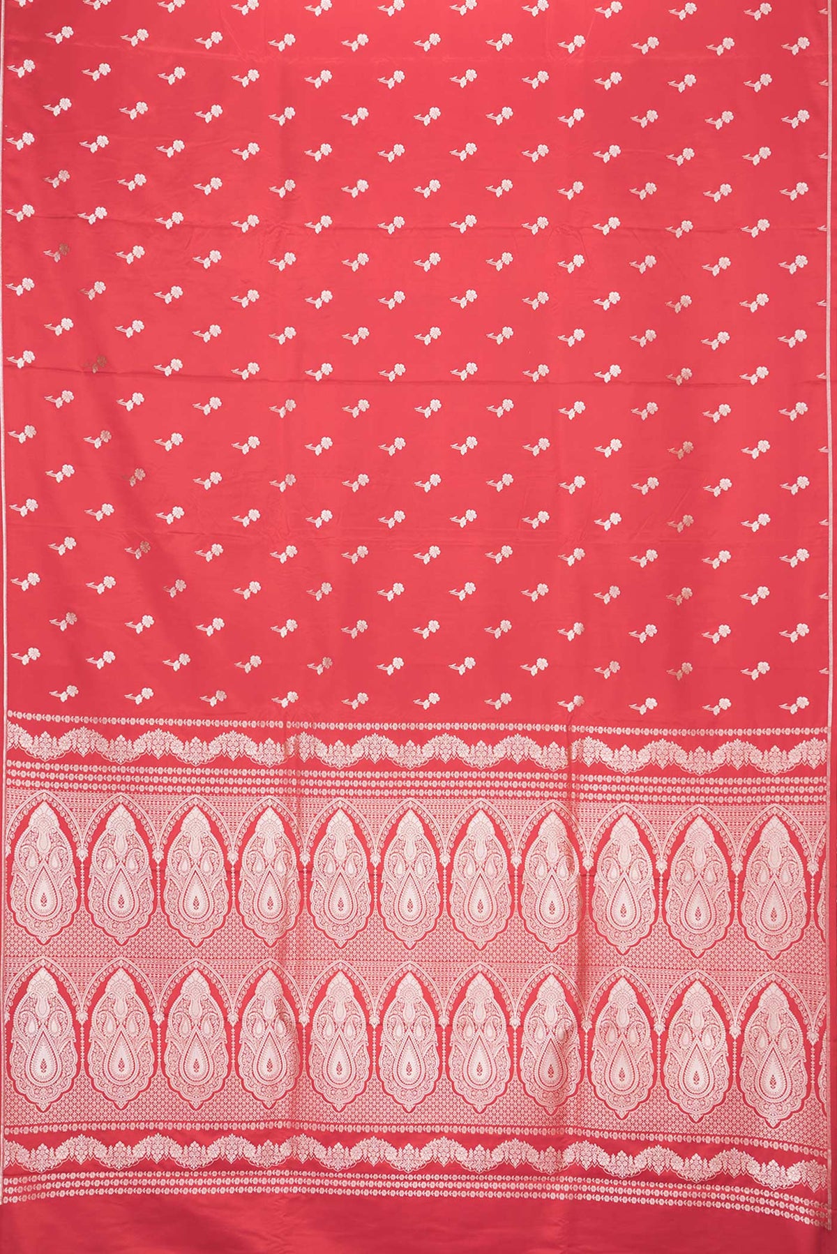 Flat view of Red Dual Tone Blended Banarasi Silk Saree with Zari Butta on the body and Zari Border. 