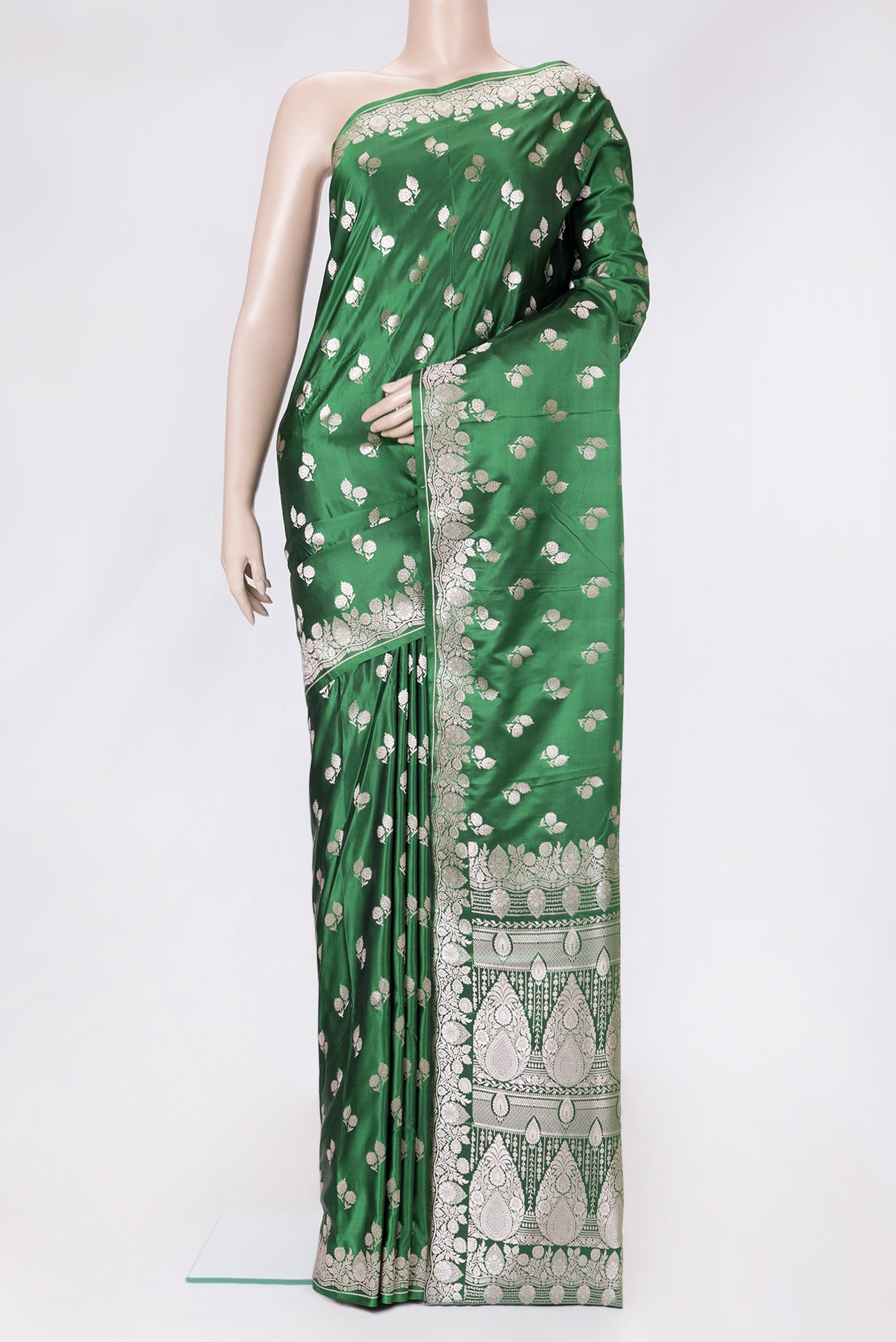 Green Dual Tone Blended Banarasi Silk Saree with Zari Butta on the body and Zari Border.  displayed on a mannequin