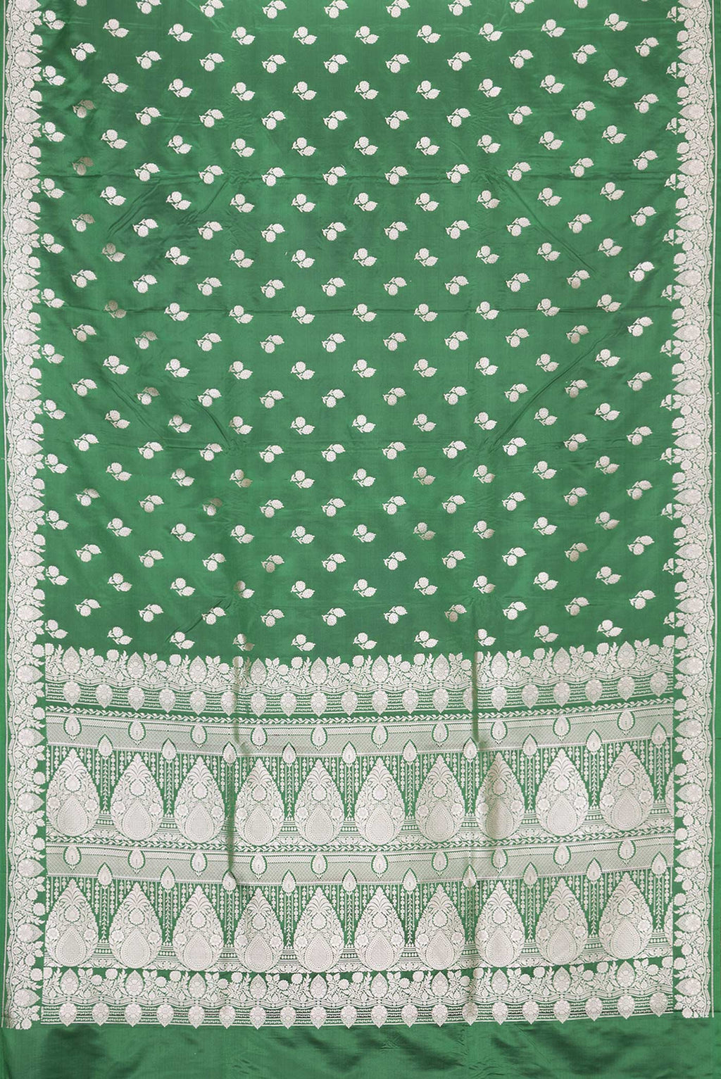 Flat view of Green Dual Tone Blended Banarasi Silk Saree with Zari Butta on the body and Zari Border. 