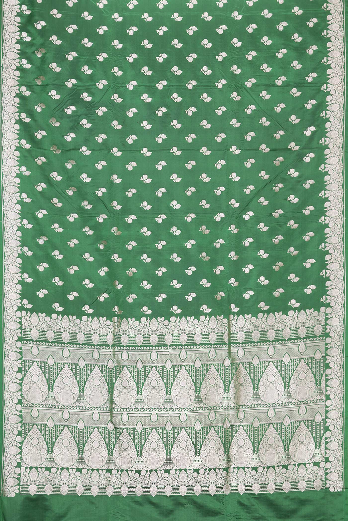 Flat view of Green Dual Tone Blended Banarasi Silk Saree with Zari Butta on the body and Zari Border. 