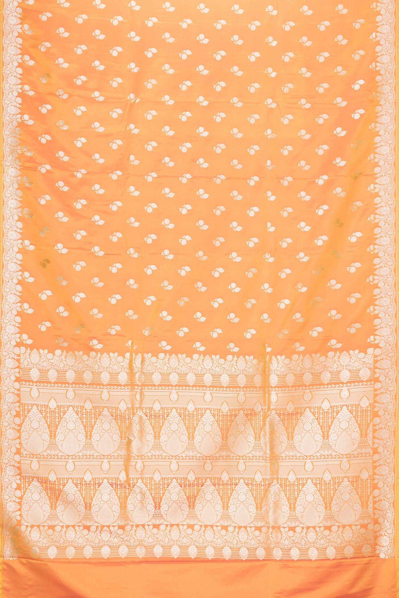 Flat view of Orange Dual Tone Blended Banarasi Silk Saree with Zari Butta on the body and Zari Border. 