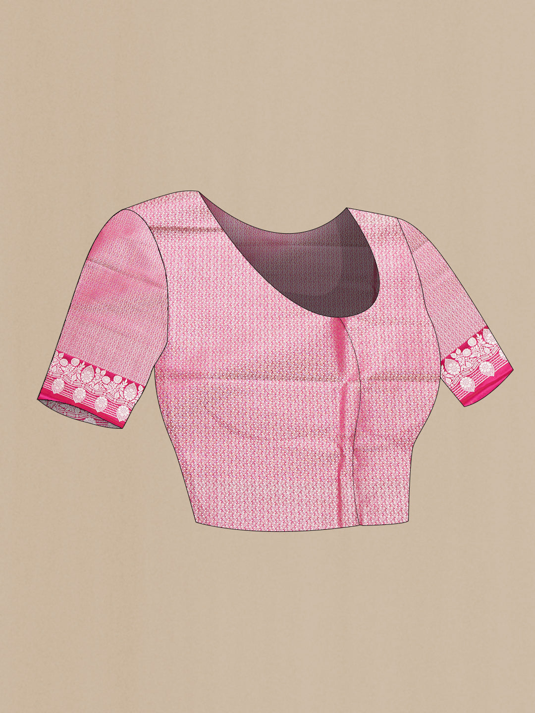 Close up image of the blouse of Pink Dual Tone Blended Banarasi Silk Saree with Zari Butta on the body and Zari Border. 