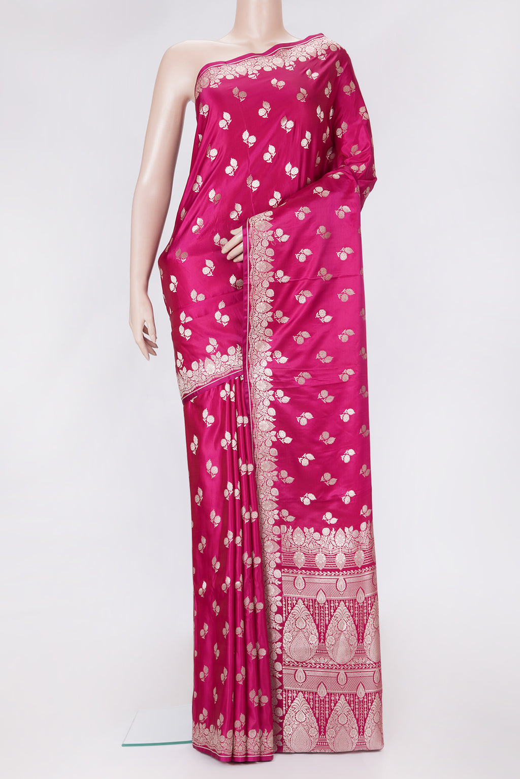 Pink Dual Tone Blended Banarasi Silk Saree with Zari Butta on the body and Zari Border.  displayed on a mannequin
