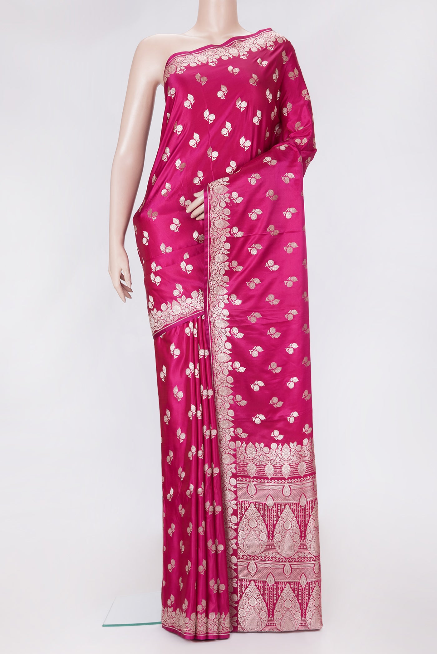 Pink Dual Tone Blended Banarasi Silk Saree with Zari Butta on the body and Zari Border.  displayed on a mannequin