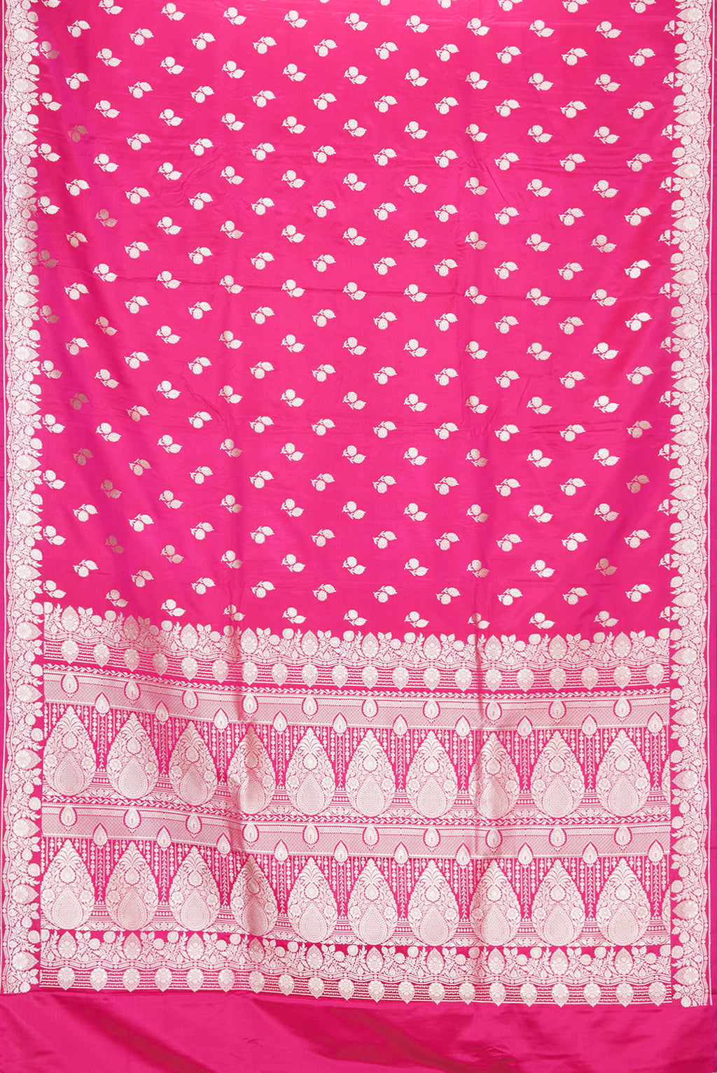 Flat view of Pink Dual Tone Blended Banarasi Silk Saree with Zari Butta on the body and Zari Border. 