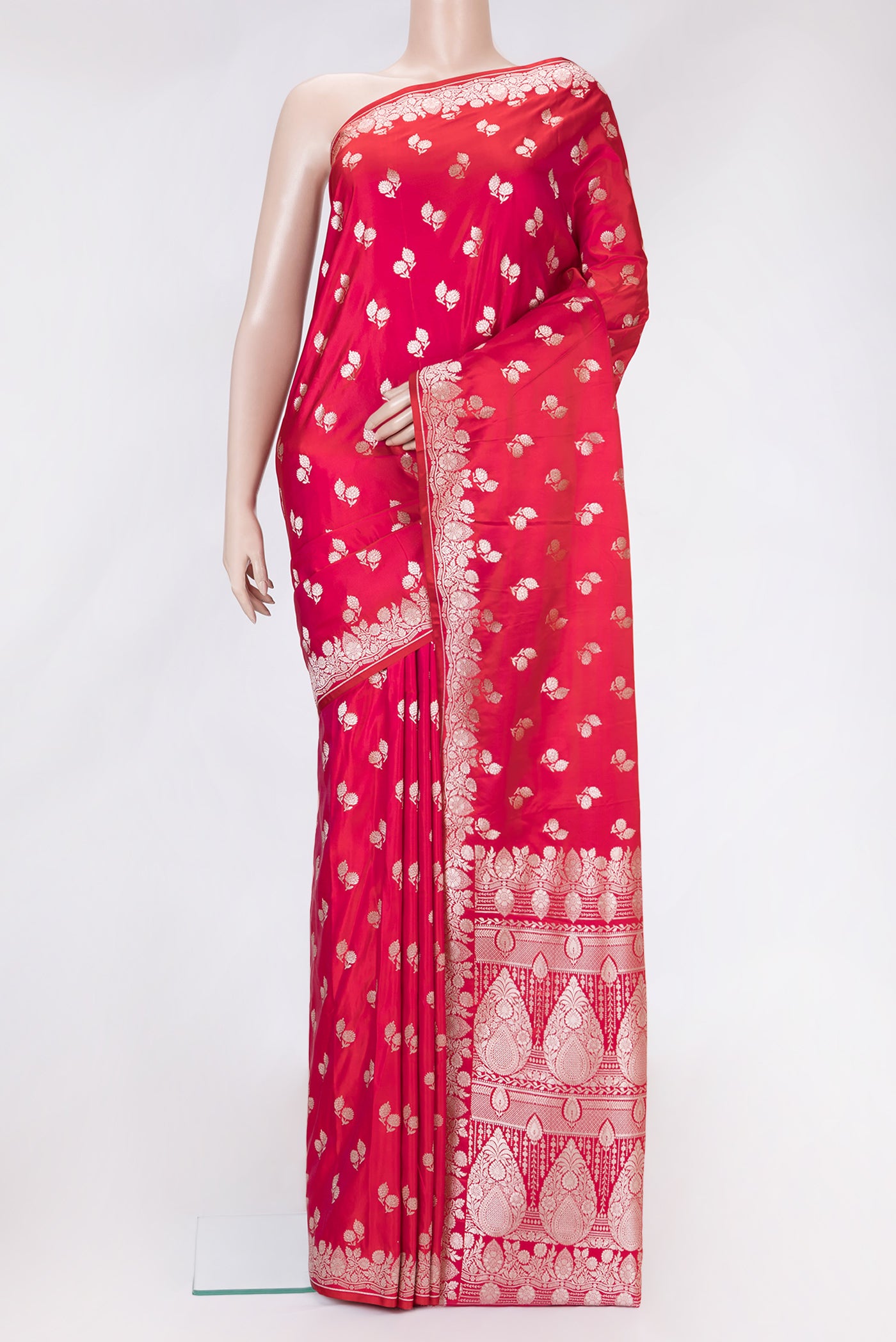 Red Dual Tone Blended Banarasi Silk Saree with Zari Butta on the body and Zari Border.  displayed on a mannequin