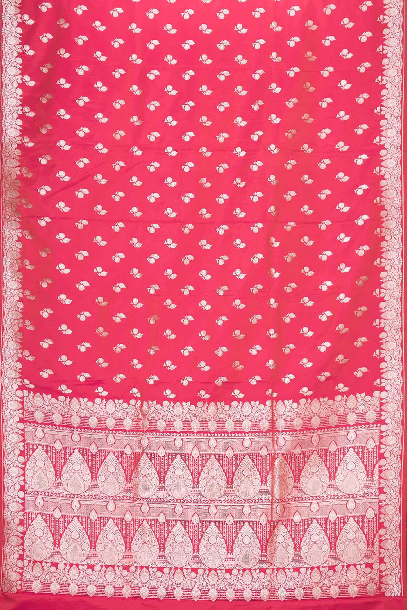 Flat view of Red Dual Tone Blended Banarasi Silk Saree with Zari Butta on the body and Zari Border. 