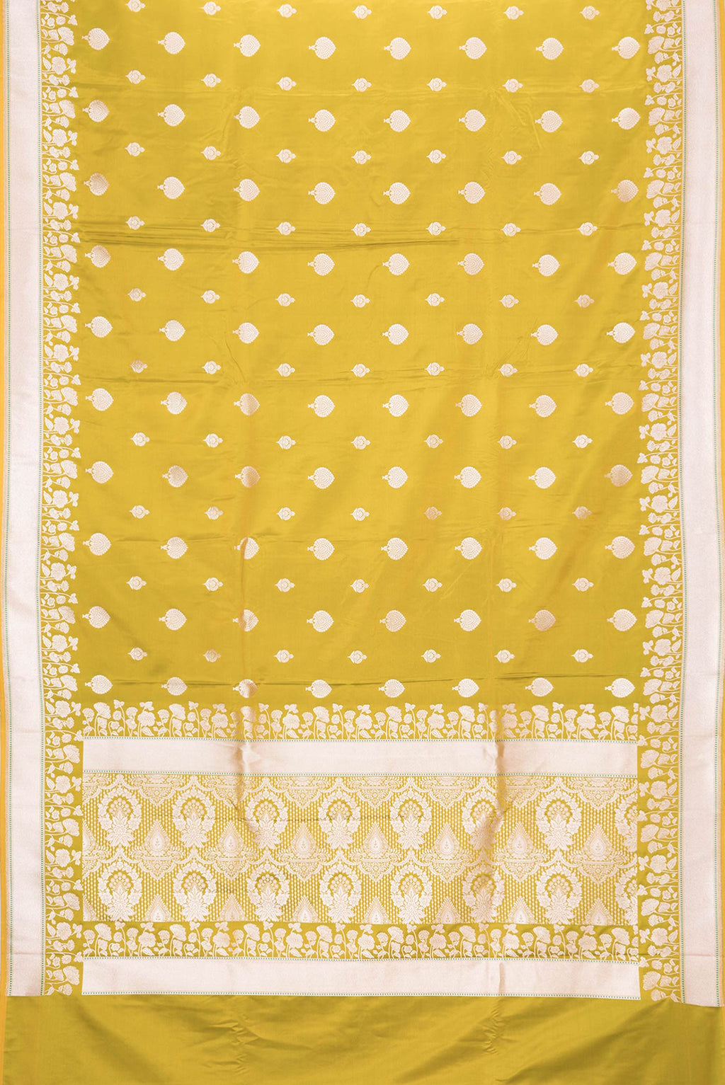 Flat view of Parrot Green Dual Tone Blended Banarasi Silk Saree with Zari Butta on the body and Zari Border. 