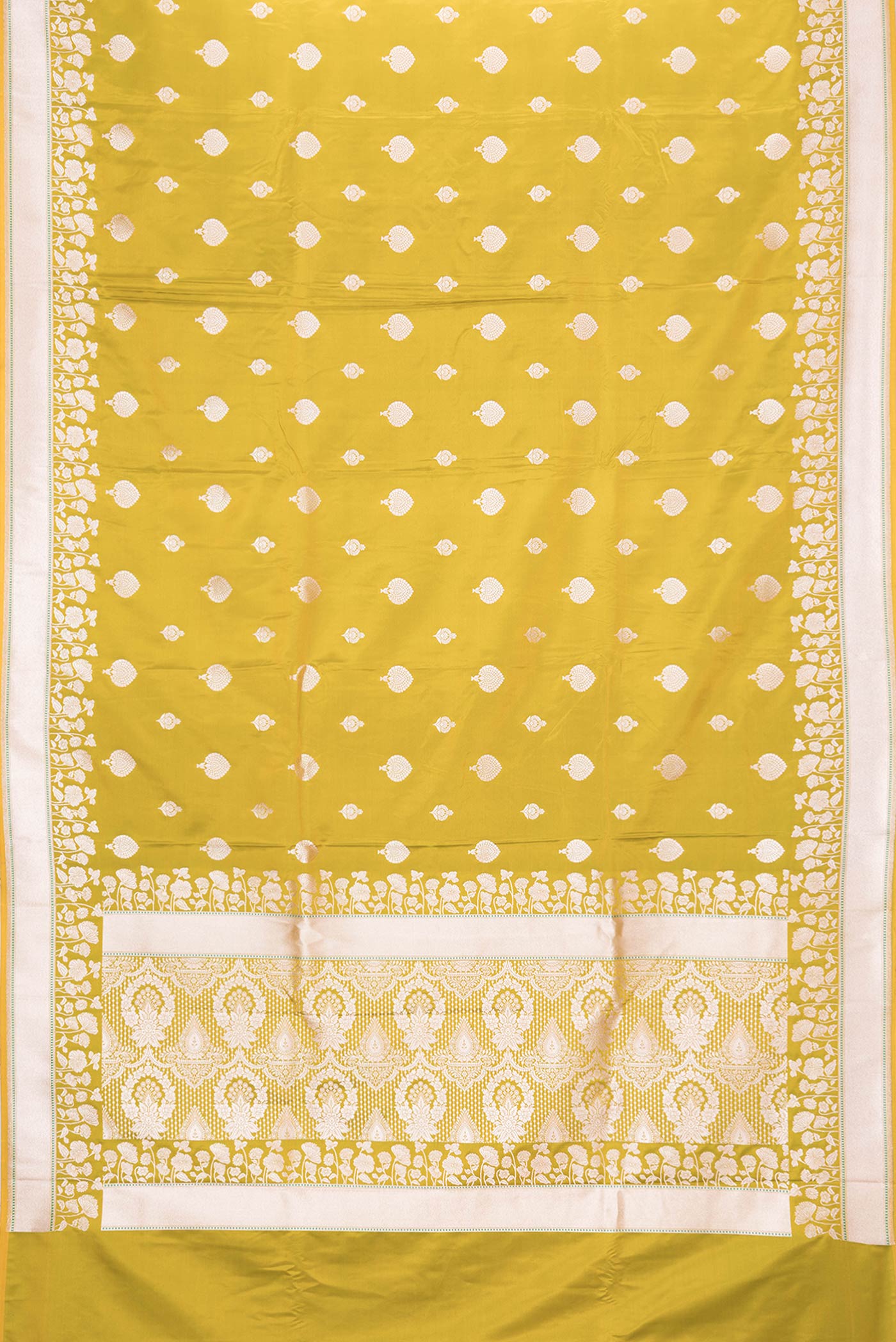 Flat view of Parrot Green Dual Tone Blended Banarasi Silk Saree with Zari Butta on the body and Zari Border. 