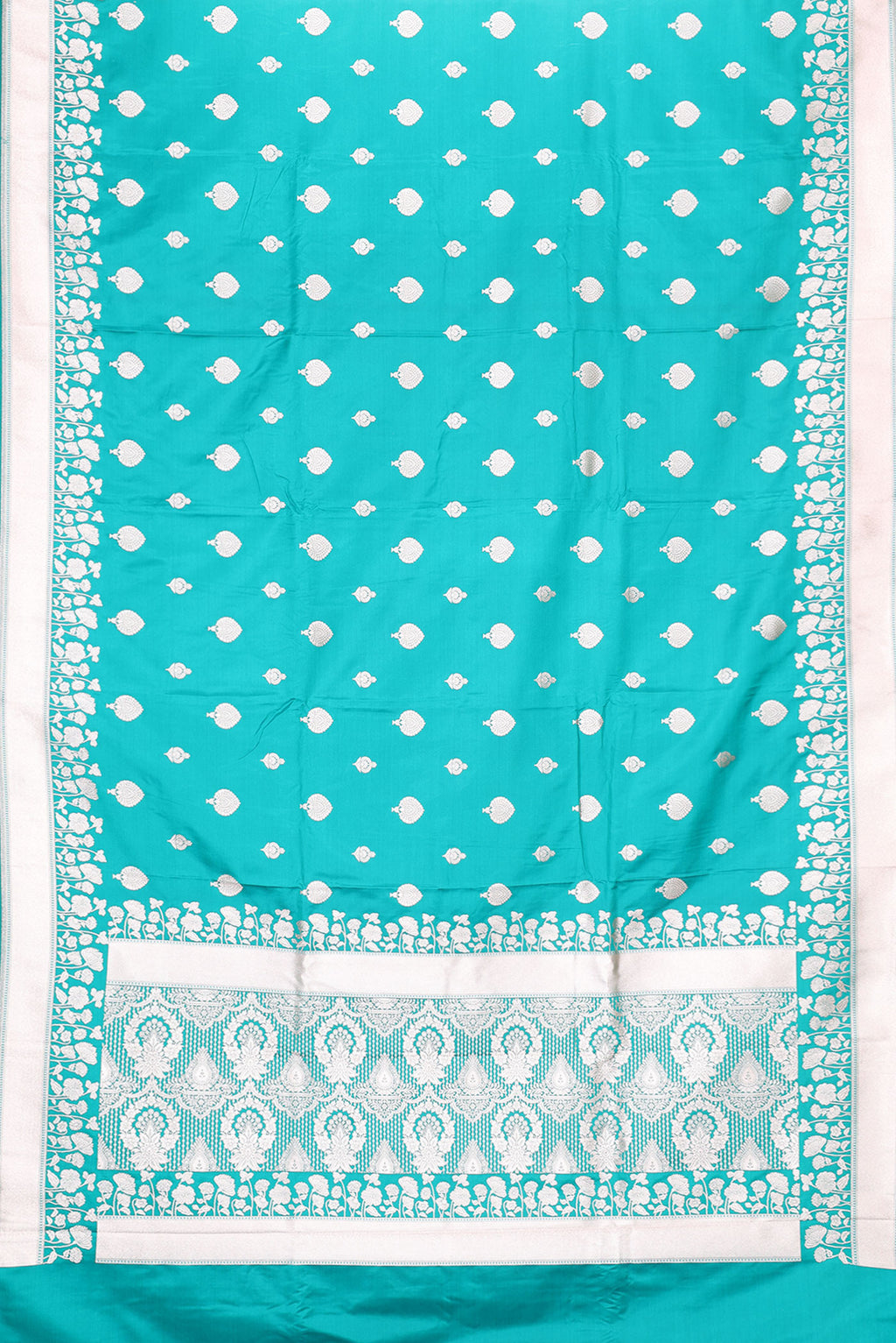 Flat view of Green Dual Tone Blended Banarasi Silk Saree with Zari Butta on the body and Zari Border. 