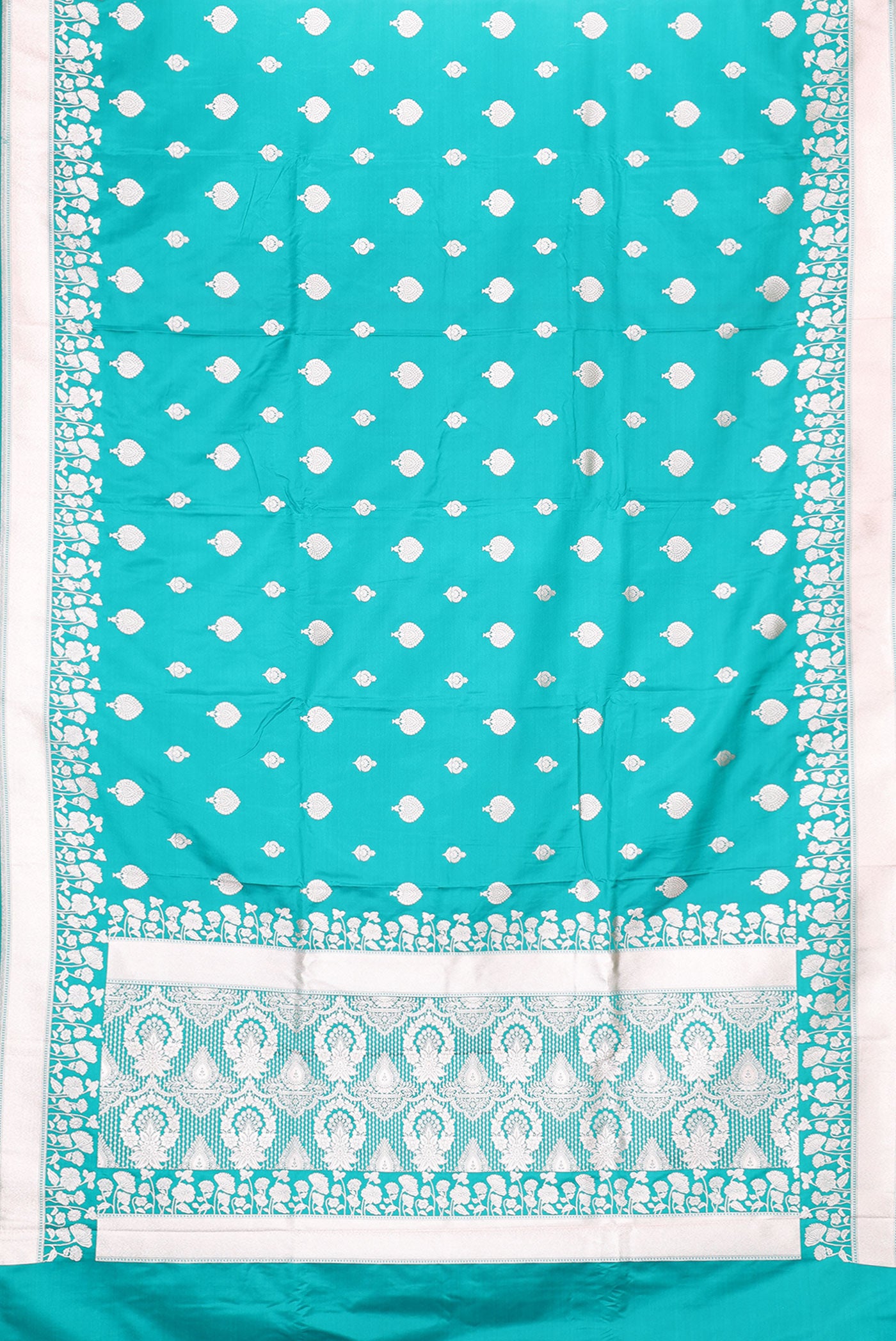 Flat view of Green Dual Tone Blended Banarasi Silk Saree with Zari Butta on the body and Zari Border. 