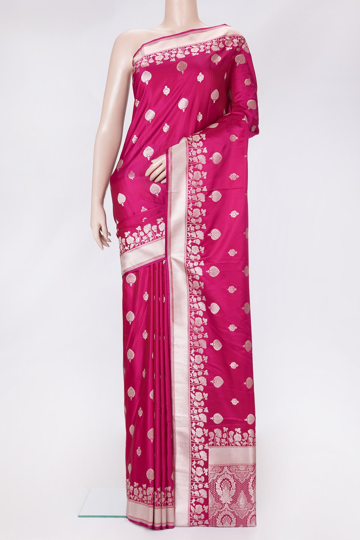 Dark Pink Dual Tone Blended Banarasi Silk Saree with Zari Butta on the body and Zari Border.  displayed on a mannequin