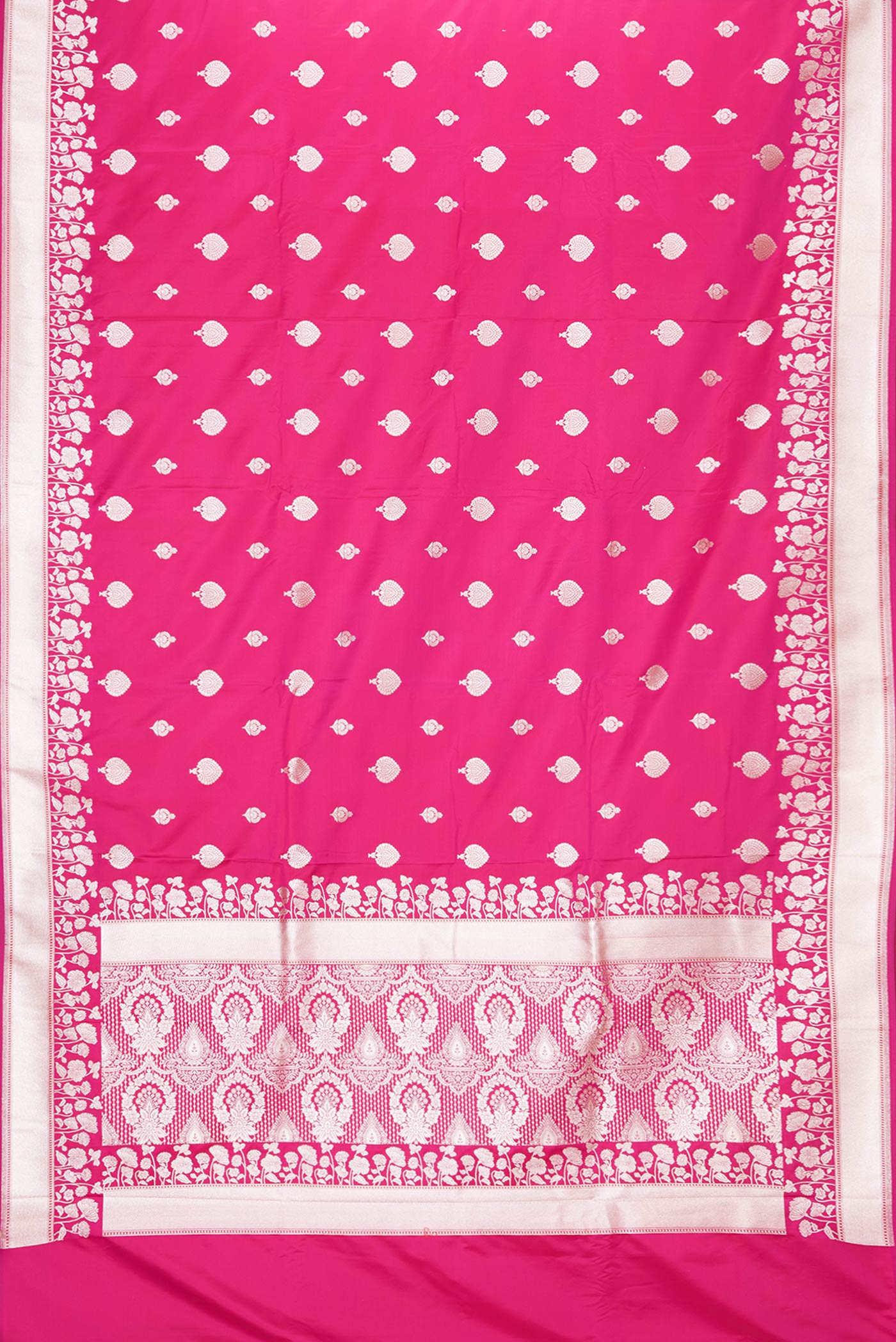 Flat view of Dark Pink Dual Tone Blended Banarasi Silk Saree with Zari Butta on the body and Zari Border. 