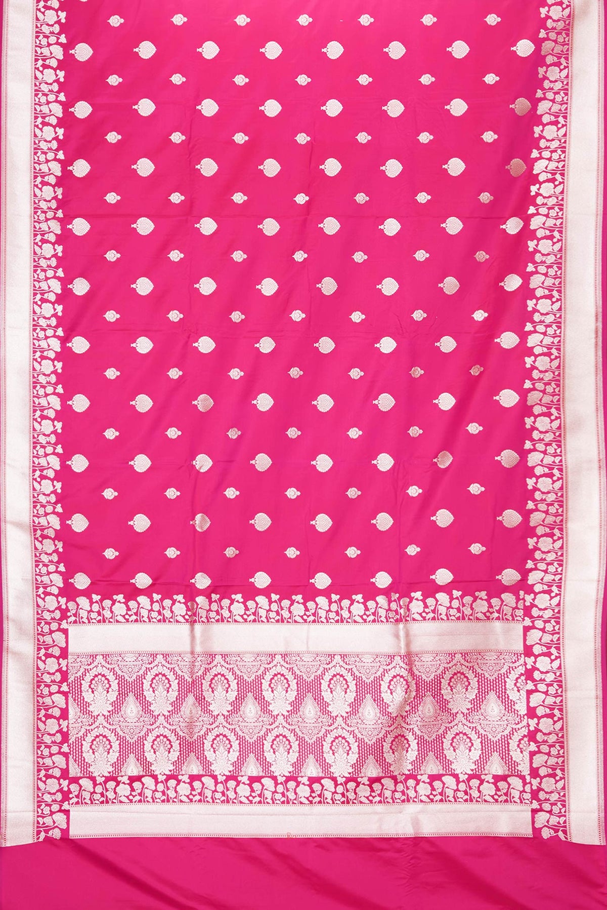 Flat view of Dark Pink Dual Tone Blended Banarasi Silk Saree with Zari Butta on the body and Zari Border. 