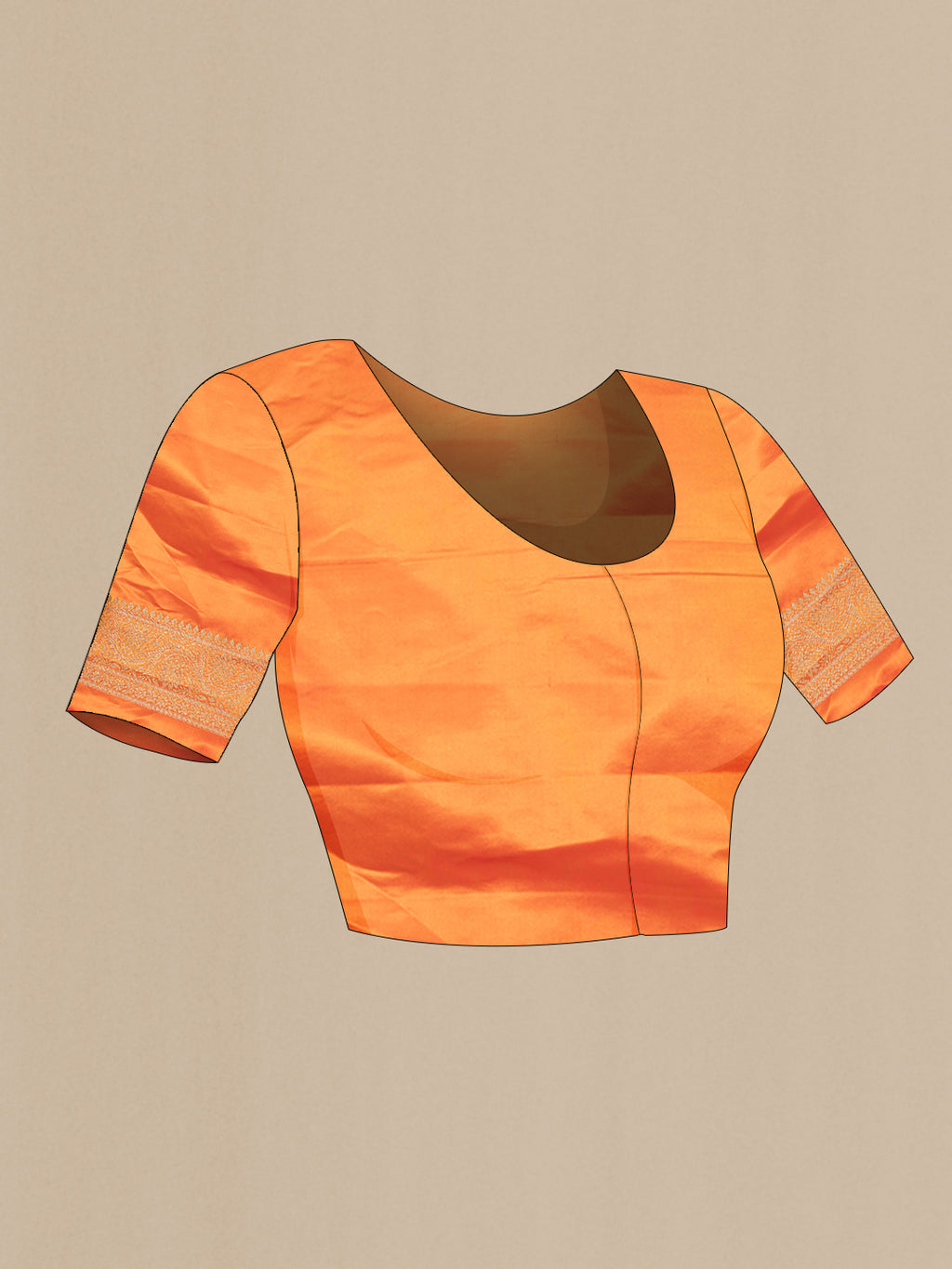 Close up image of the blouse of Orange Blended Banarasi Silk Saree with Zari Butta on the body and Zari Border. 