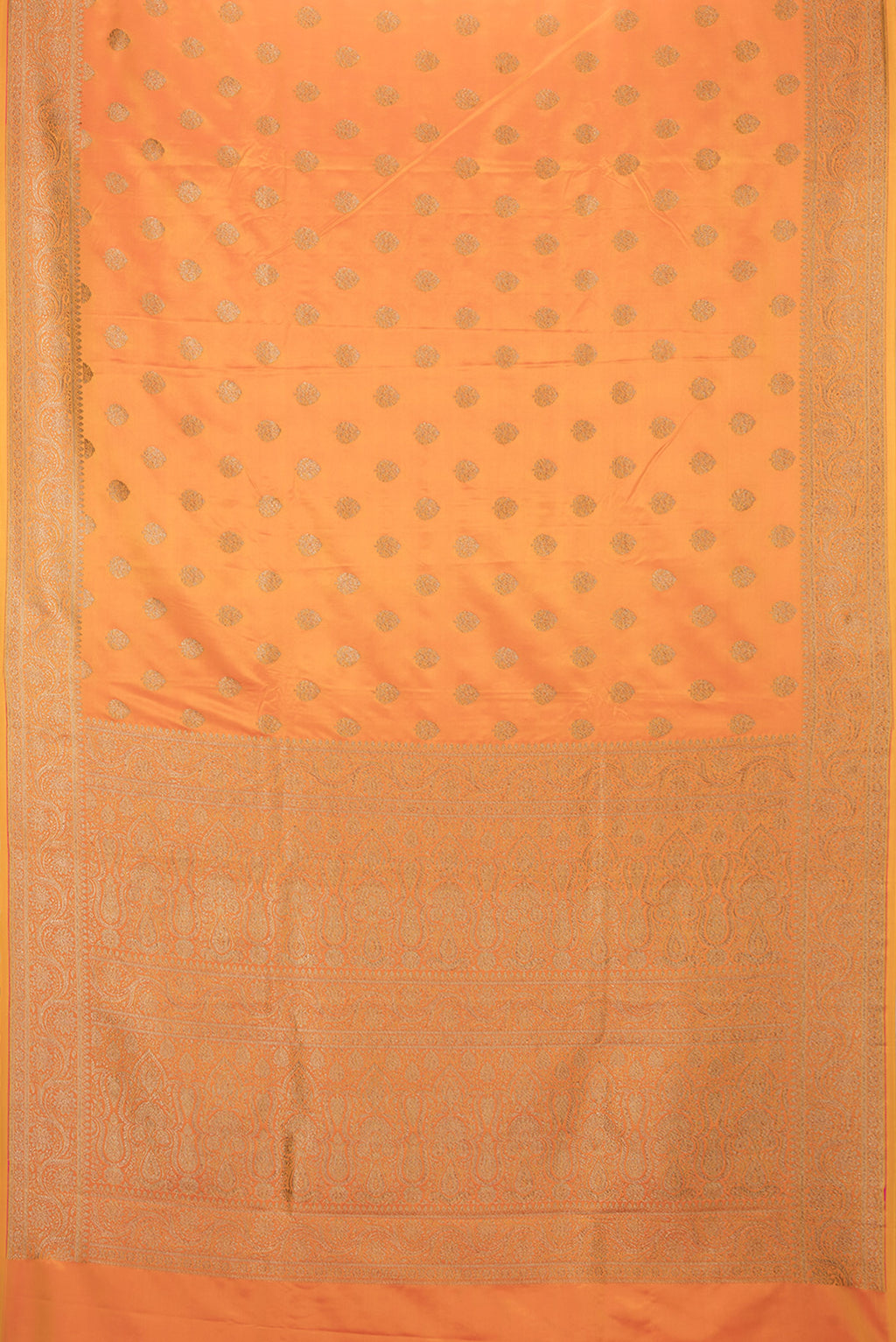 Flat view of Orange Blended Banarasi Silk Saree with Zari Butta on the body and Zari Border. 