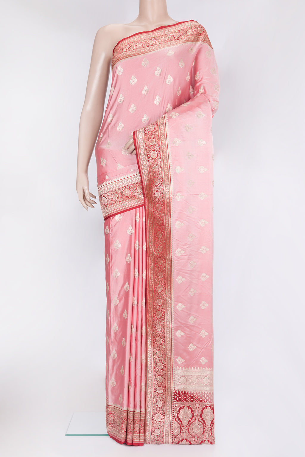 Pink Blended Banarasi Silk Saree with Zari Butta on the body and Zari Border.  displayed on a mannequin
