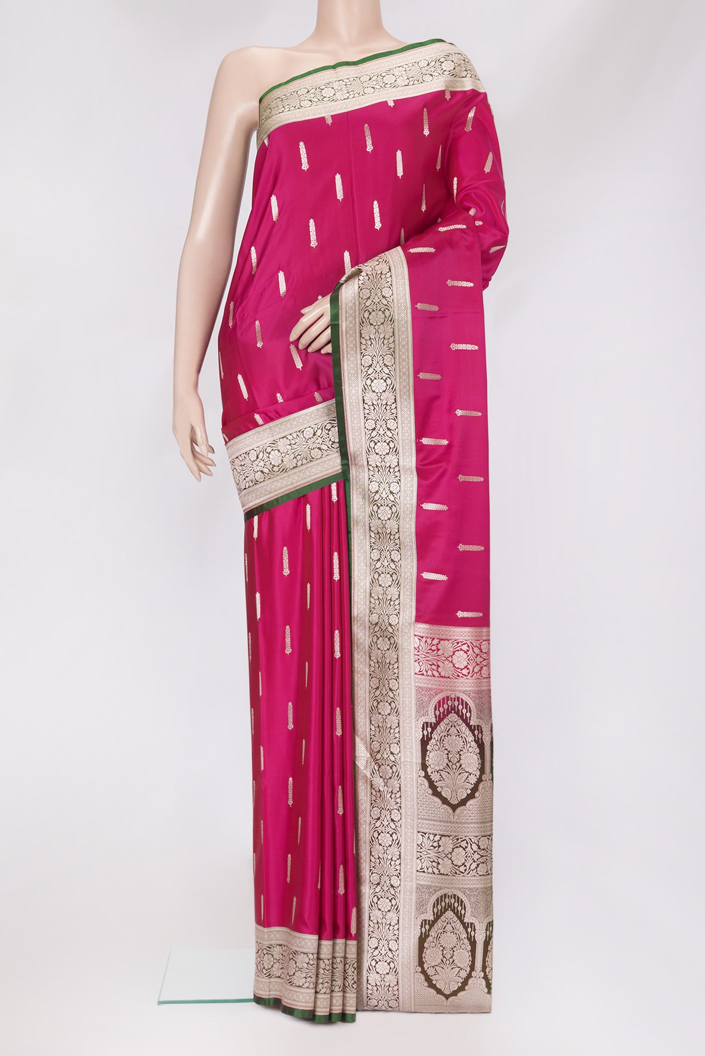 Dark Pink Blended Banarasi Silk Saree with Zari Butta on the body and Zari Border.  displayed on a mannequin