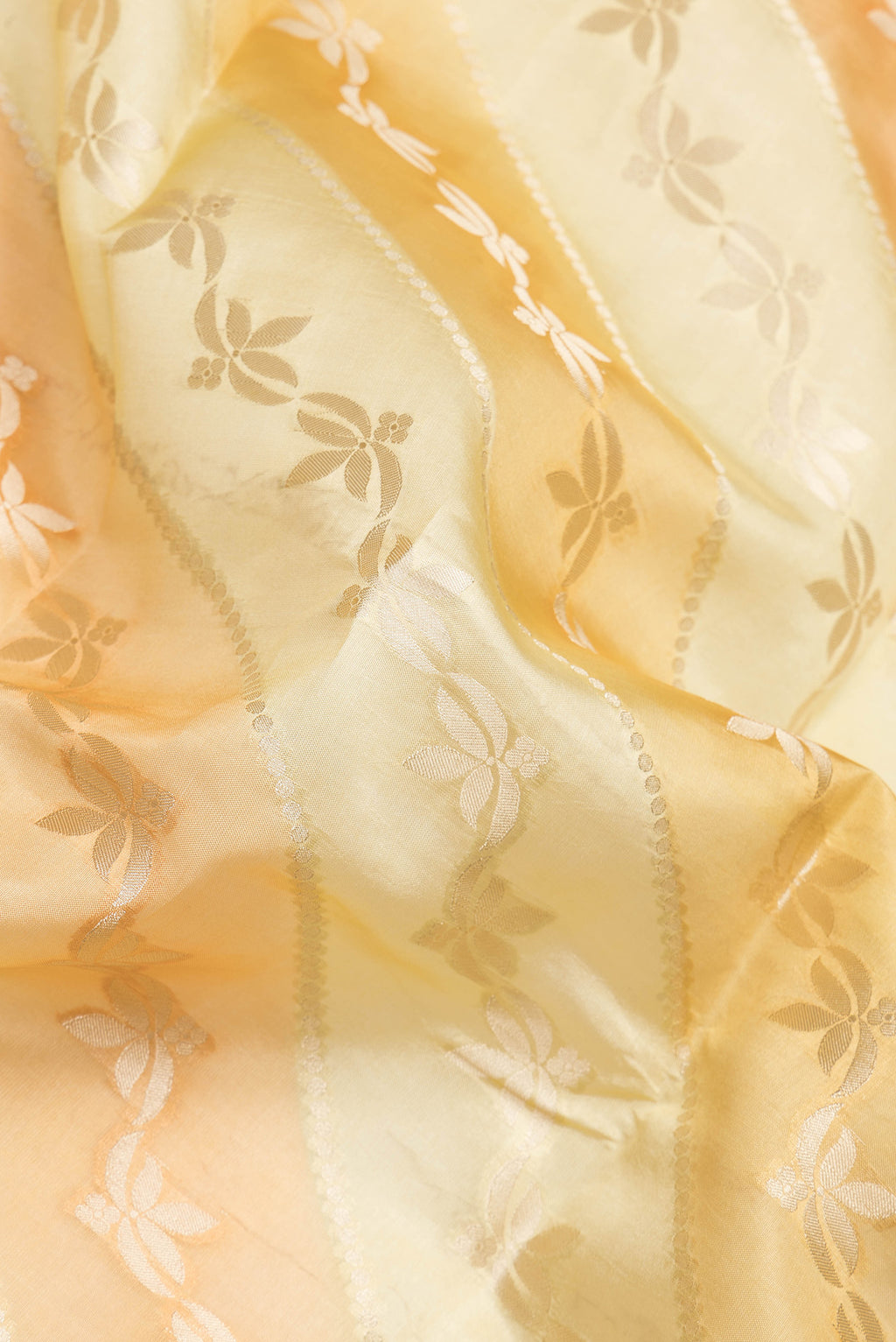 Close up of Yellow Dual Tone Banarasi Raw Silk Saree with Zari Brocade on the body and Zari Border.  displaying folds