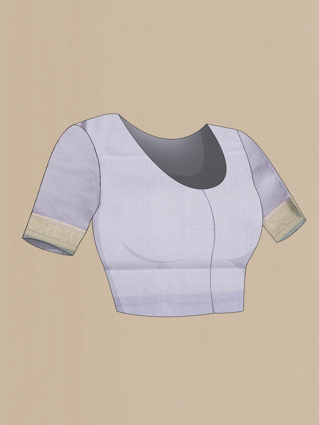 Close up image of the blouse of Grey Dual Tone Tussar Silk Saree with Zari Brocade on the body and Zari Border. 