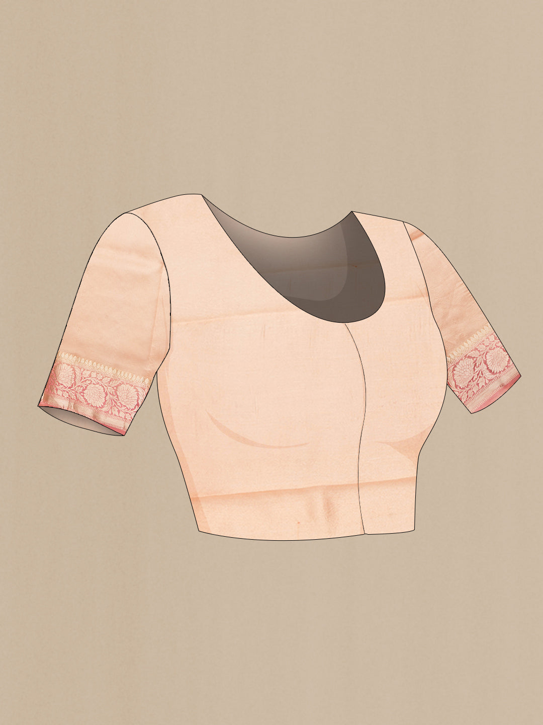 Close up image of the blouse of Golden Peach Tussar Silk Saree with Zari Brocade on the body and Zari Border. 