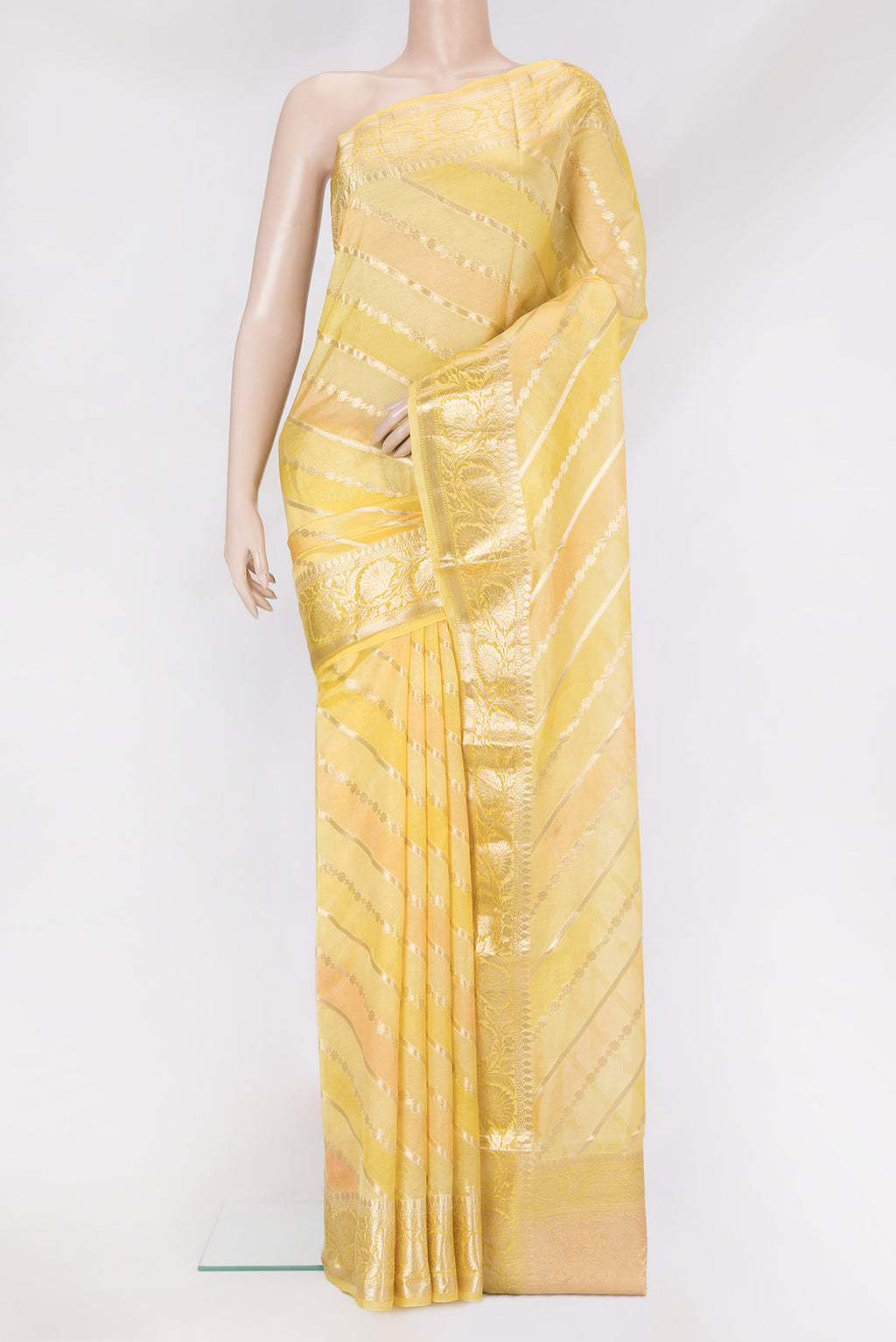 Lemon Yellow Dual Tone Tussar Silk Saree with Zari Brocade on the body and Zari Border.  displayed on a mannequin