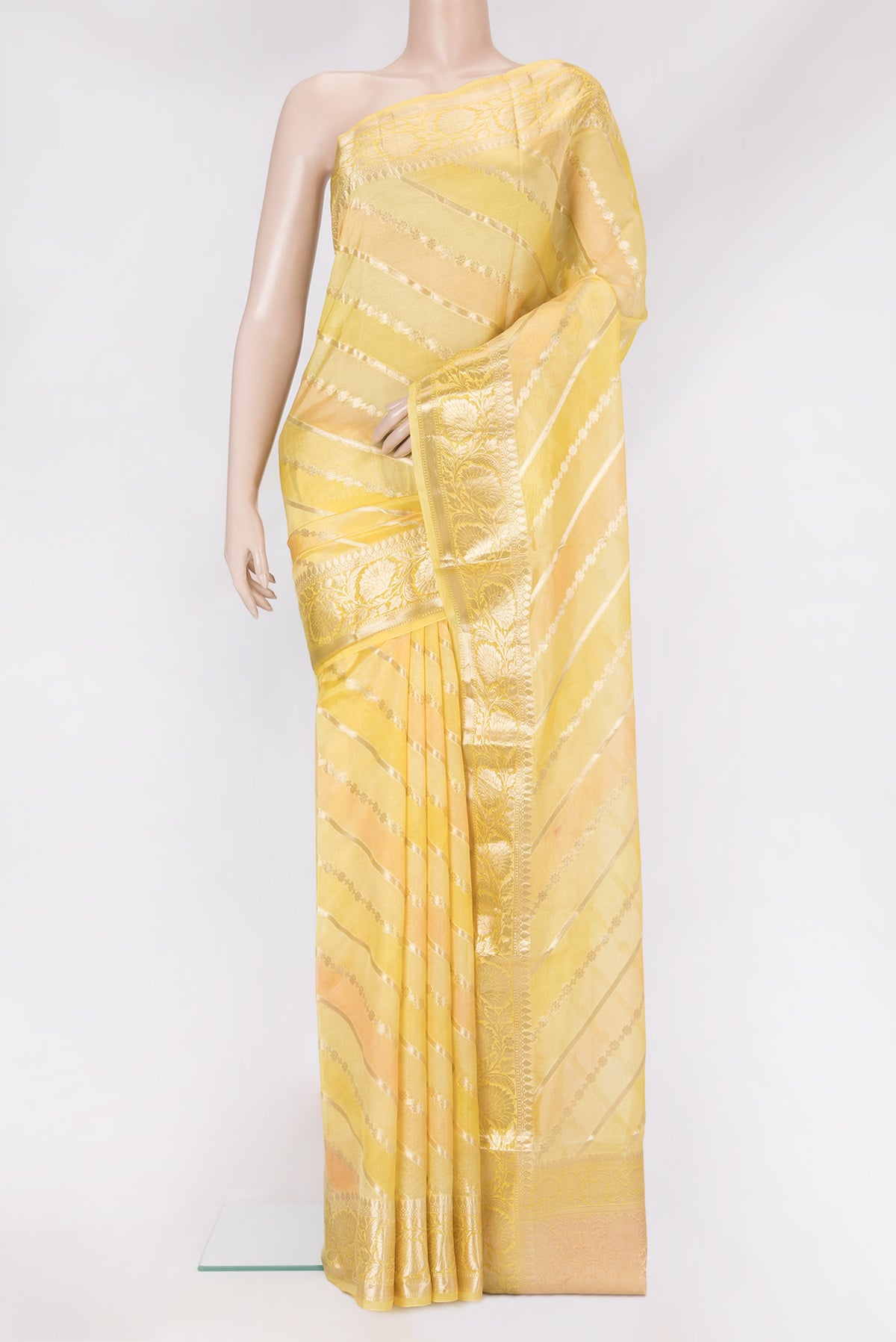 Lemon Yellow Dual Tone Tussar Silk Saree with Zari Brocade on the body and Zari Border.  displayed on a mannequin