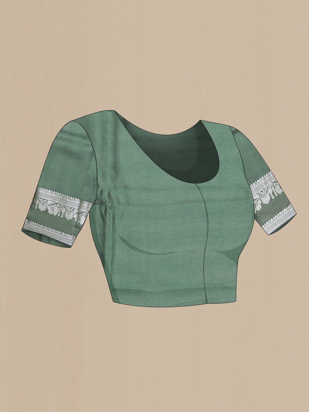 Close up image of the blouse of Bottle Green Dual Tone Blended Tussar Silk Saree with Zari Butta on the body and Zari Border. 
