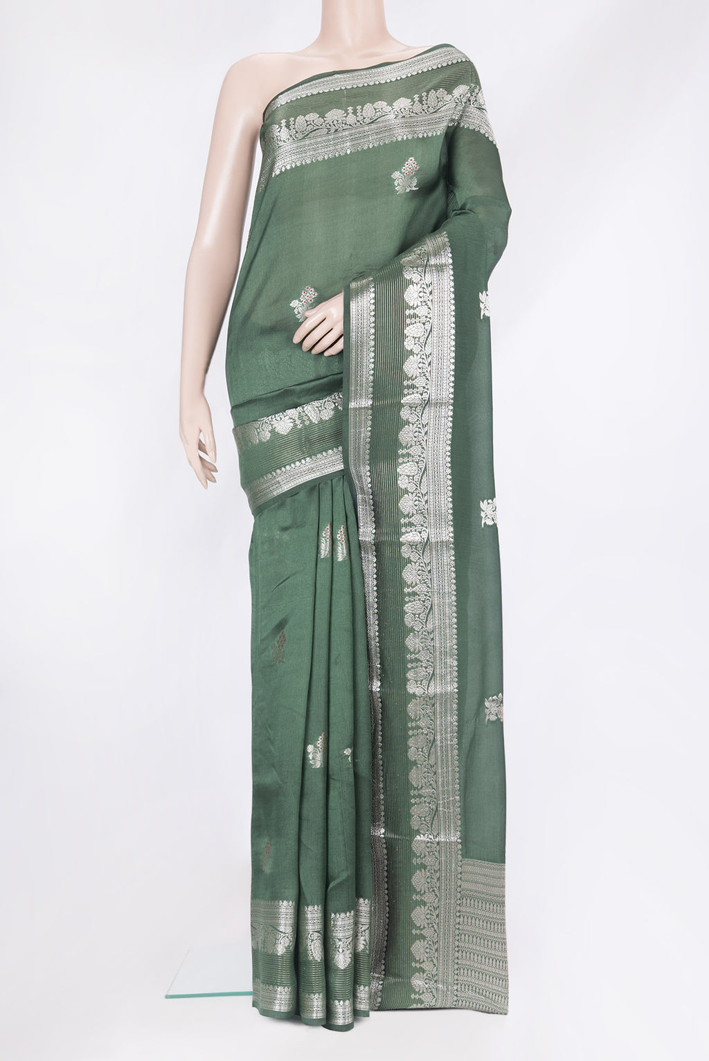 Bottle Green Dual Tone Blended Tussar Silk Saree with Zari Butta on the body and Zari Border.  displayed on a mannequin
