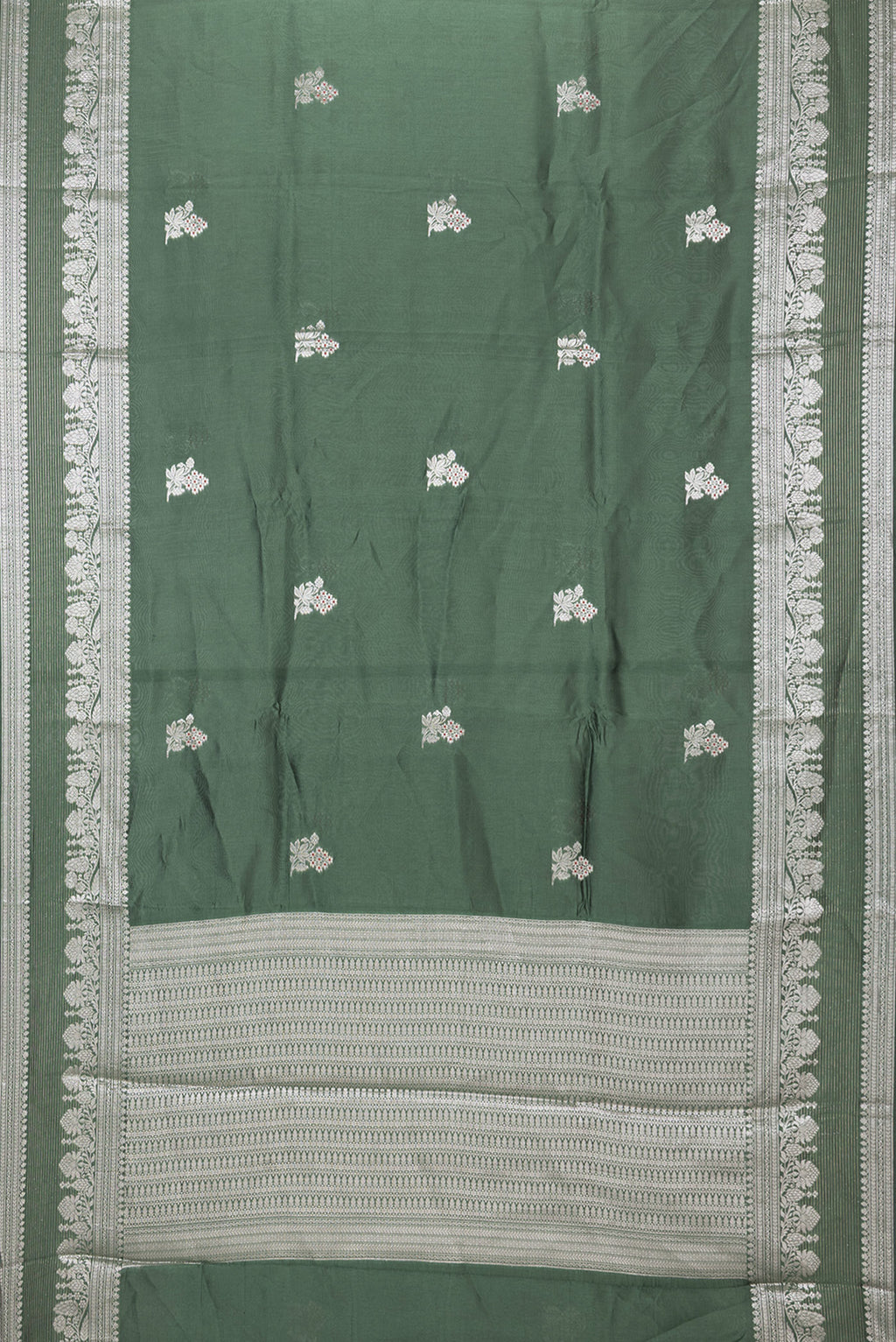 Flat view of Bottle Green Dual Tone Blended Tussar Silk Saree with Zari Butta on the body and Zari Border. 