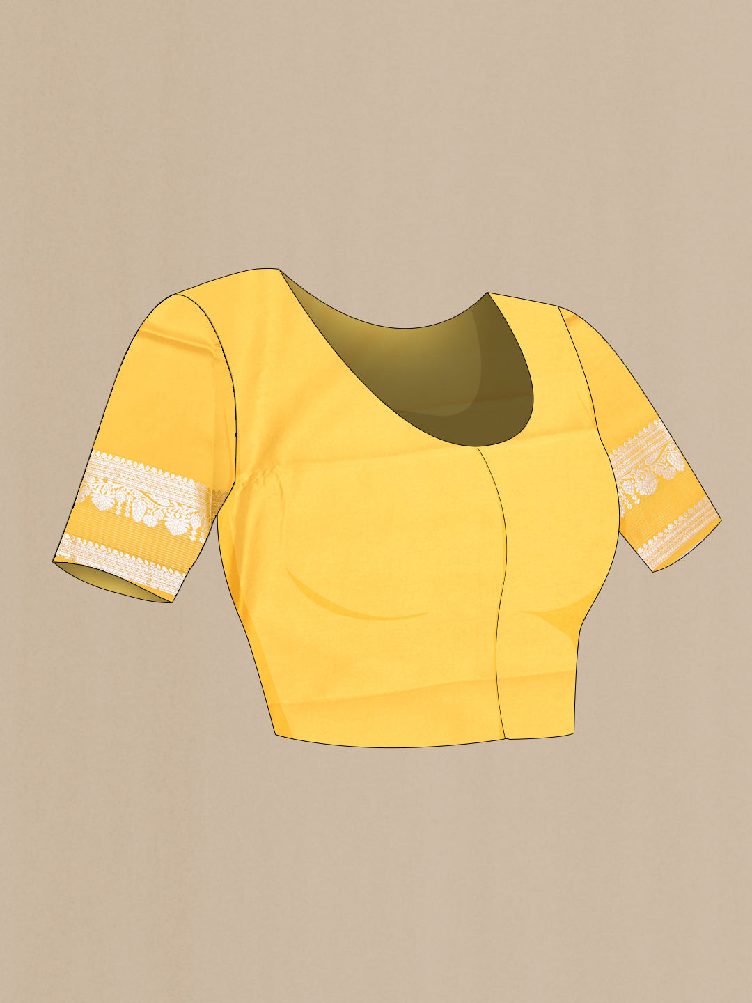 Close up image of the blouse of Yellow Blended Tussar Silk Saree with Zari Butta on the body and Zari Border. 
