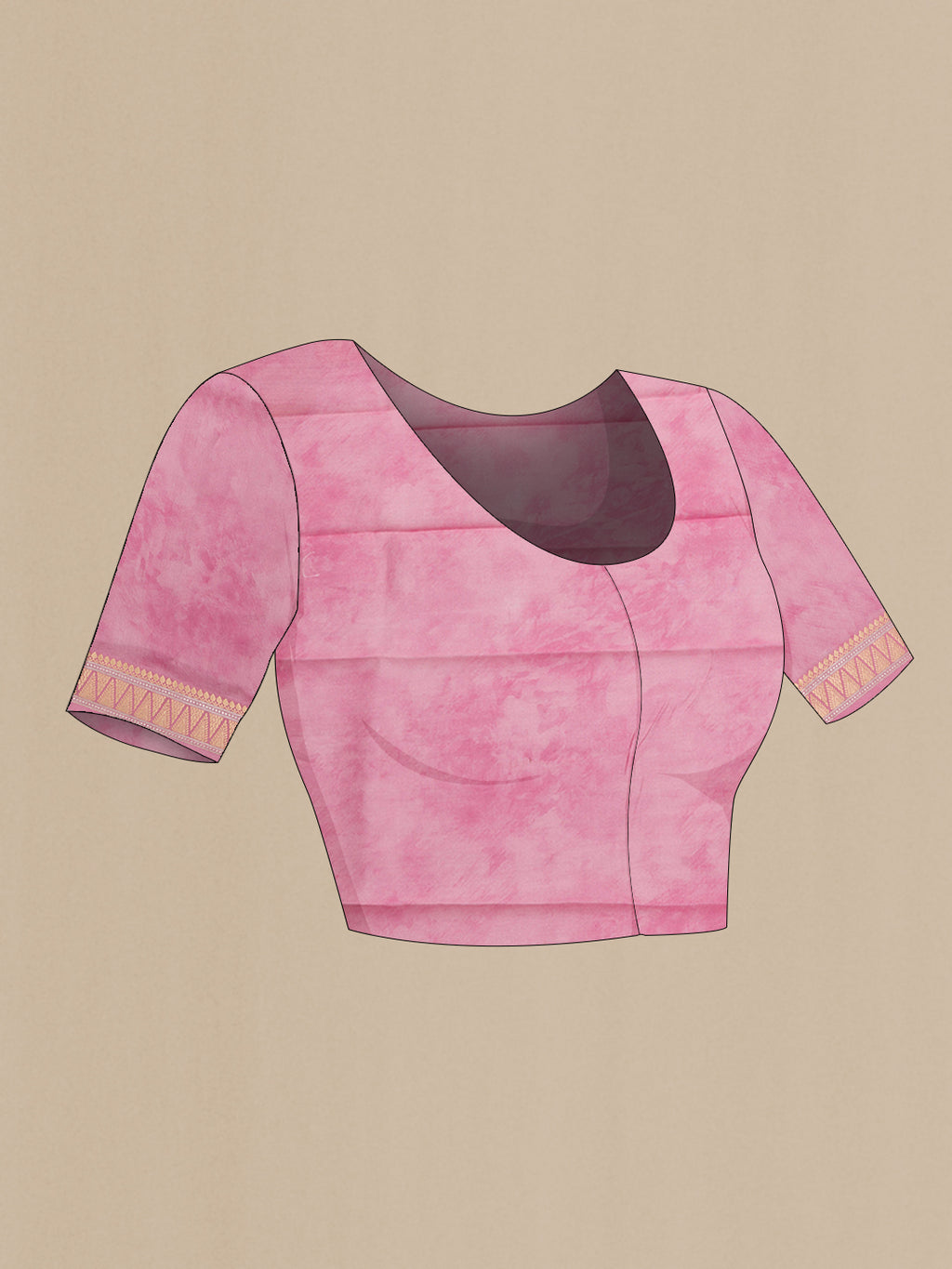 Close up image of the blouse of Rose pink Organza Silk Saree with Floral Print on the body and Zari Border. 