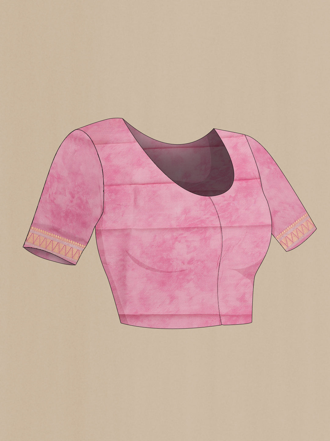 Close up image of the blouse of Rose pink Organza Silk Saree with Floral Print on the body and Zari Border. 
