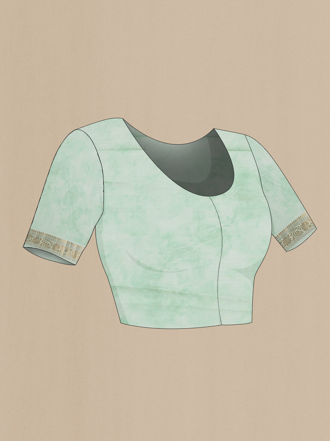 Close up image of the blouse of Pista Green Organza Silk Saree with Printed design on the body and Zari Border. 