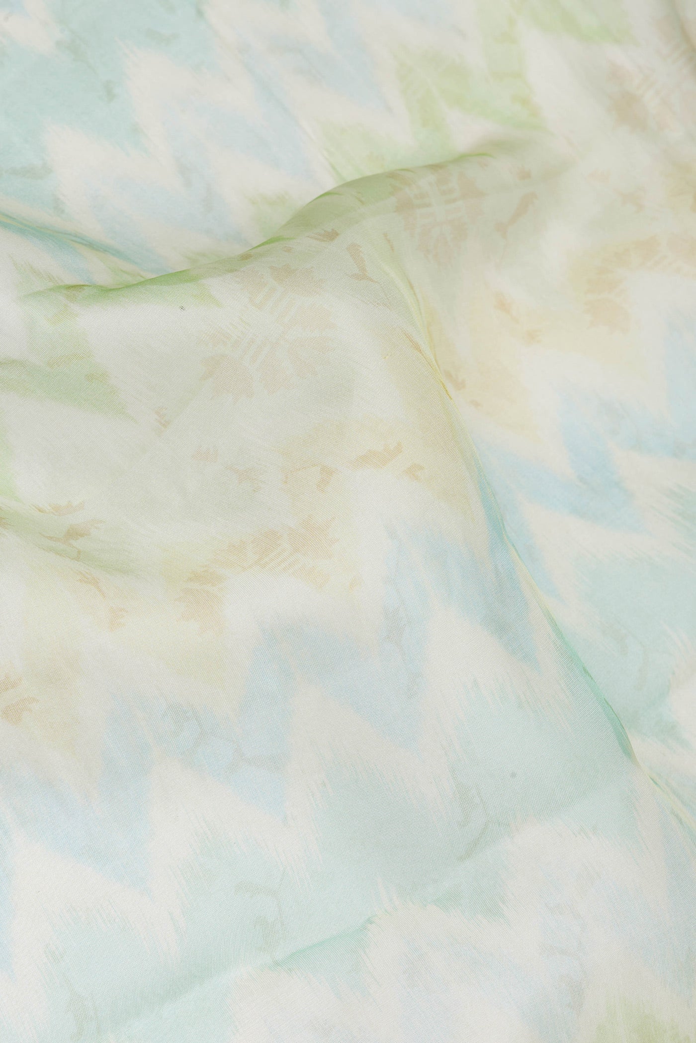 Close up of Pista Green Organza Silk Saree with Printed design on the body and Zari Border.  displaying folds