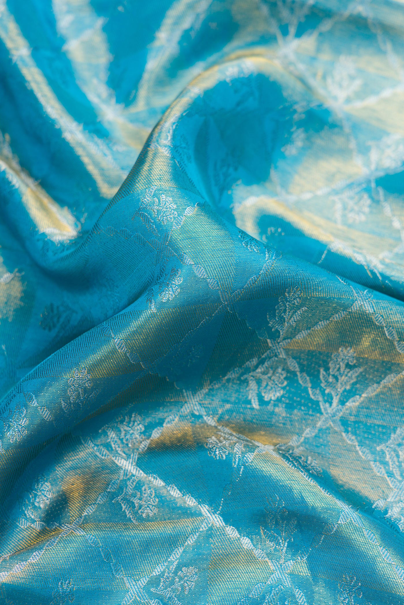 Close up of Pure Silk Pure Zari Sky Blue Dual Tone Banarasi Saree with Zari Brocade on the body and Embroidery Border.  displaying folds