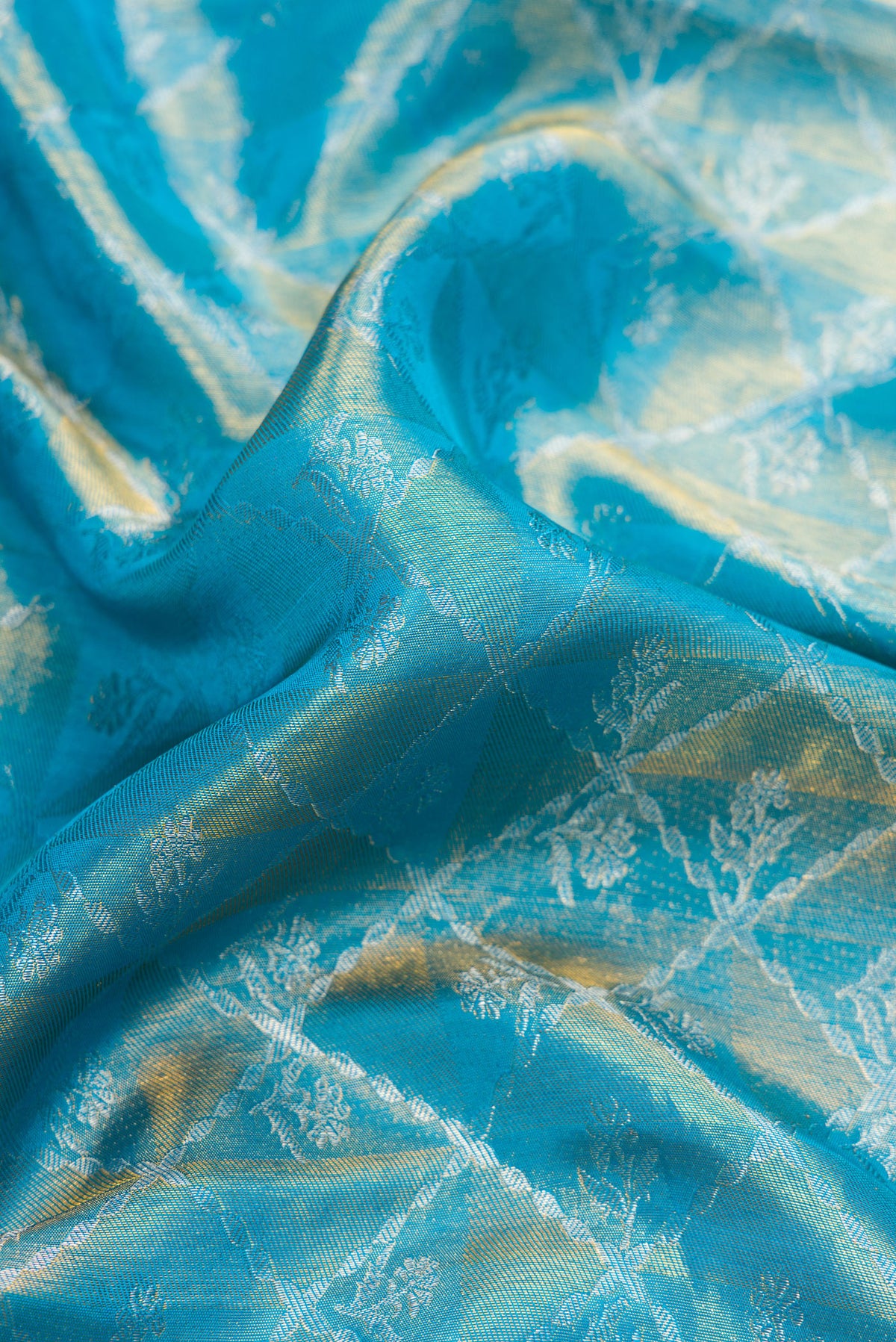 Close up of Pure Silk Pure Zari Sky Blue Dual Tone Banarasi Saree with Zari Brocade on the body and Embroidery Border.  displaying folds