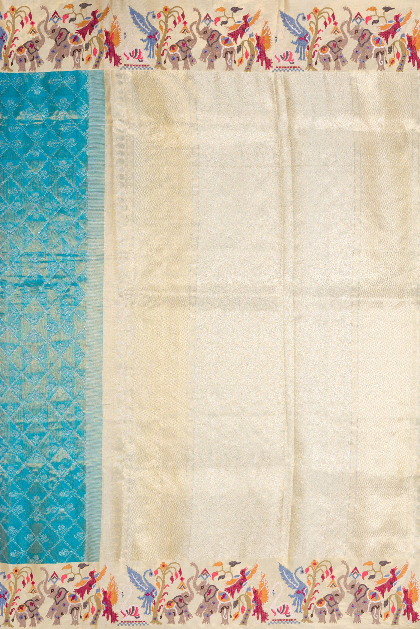 Close up image of the pallu of Pure Silk Pure Zari Sky Blue Dual Tone Banarasi Saree with Zari Brocade on the body and Embroidery Border. 