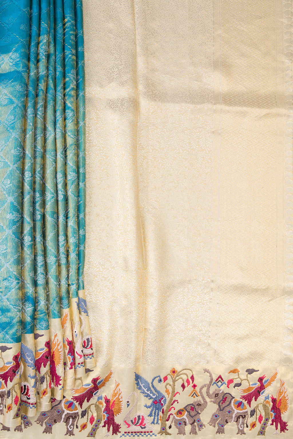 Pleats and pallu of Pure Silk Pure Zari Sky Blue Dual Tone Banarasi Saree with Zari Brocade on the body and Embroidery Border. 