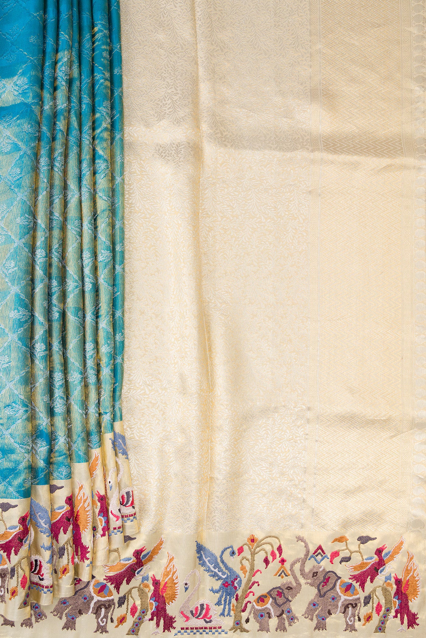 Pleats and pallu of Pure Silk Pure Zari Sky Blue Dual Tone Banarasi Saree with Zari Brocade on the body and Embroidery Border. 